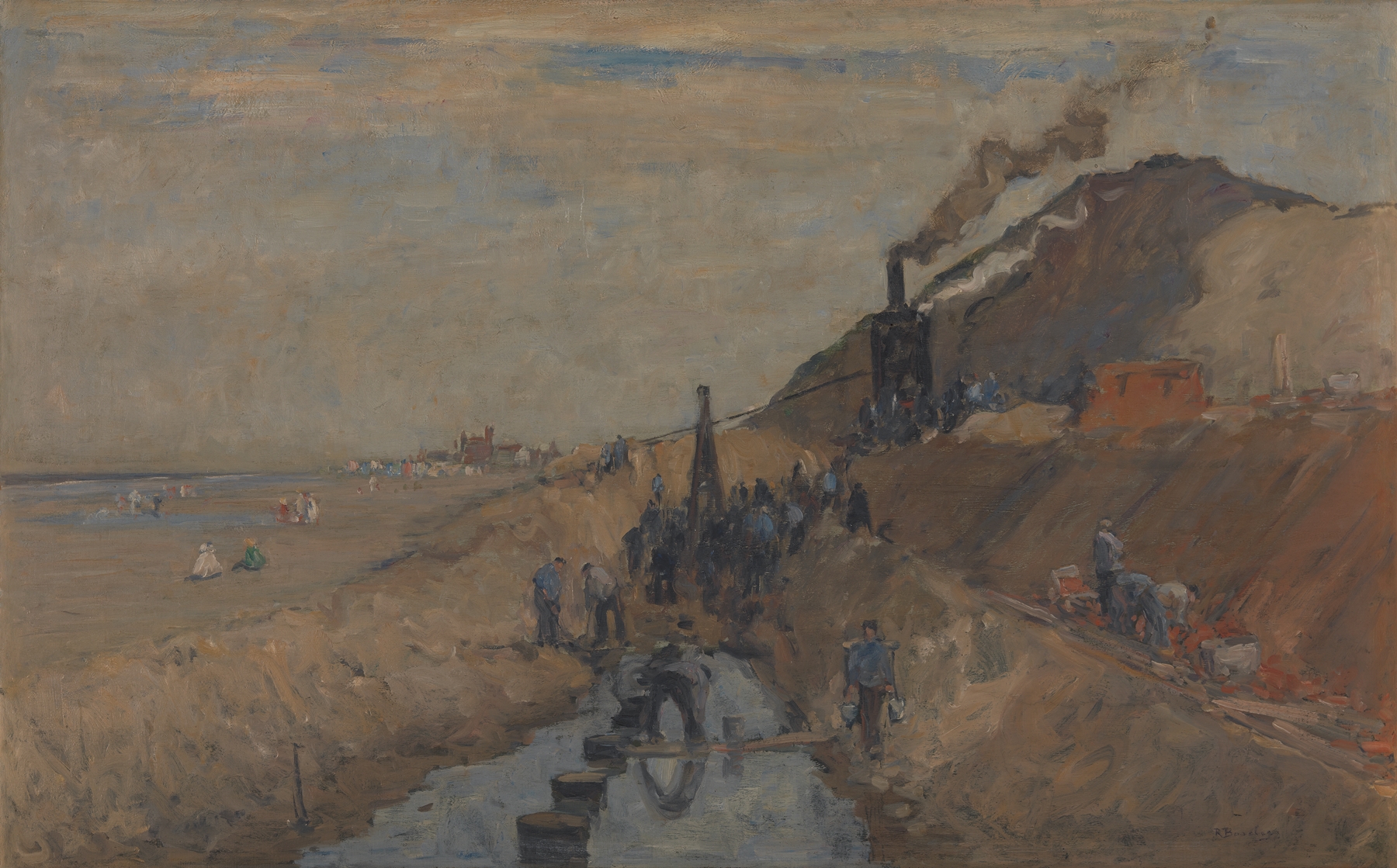 Dike Building on the Beach at Knokke by Richard Baseleer, Impressionism, depicts a marine landscape.