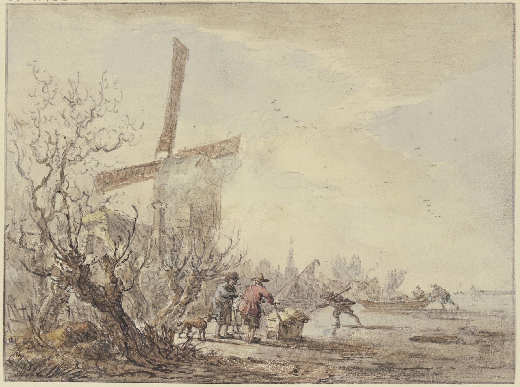 Riverbank with windmill, oil on canvas by Jacob van Strij