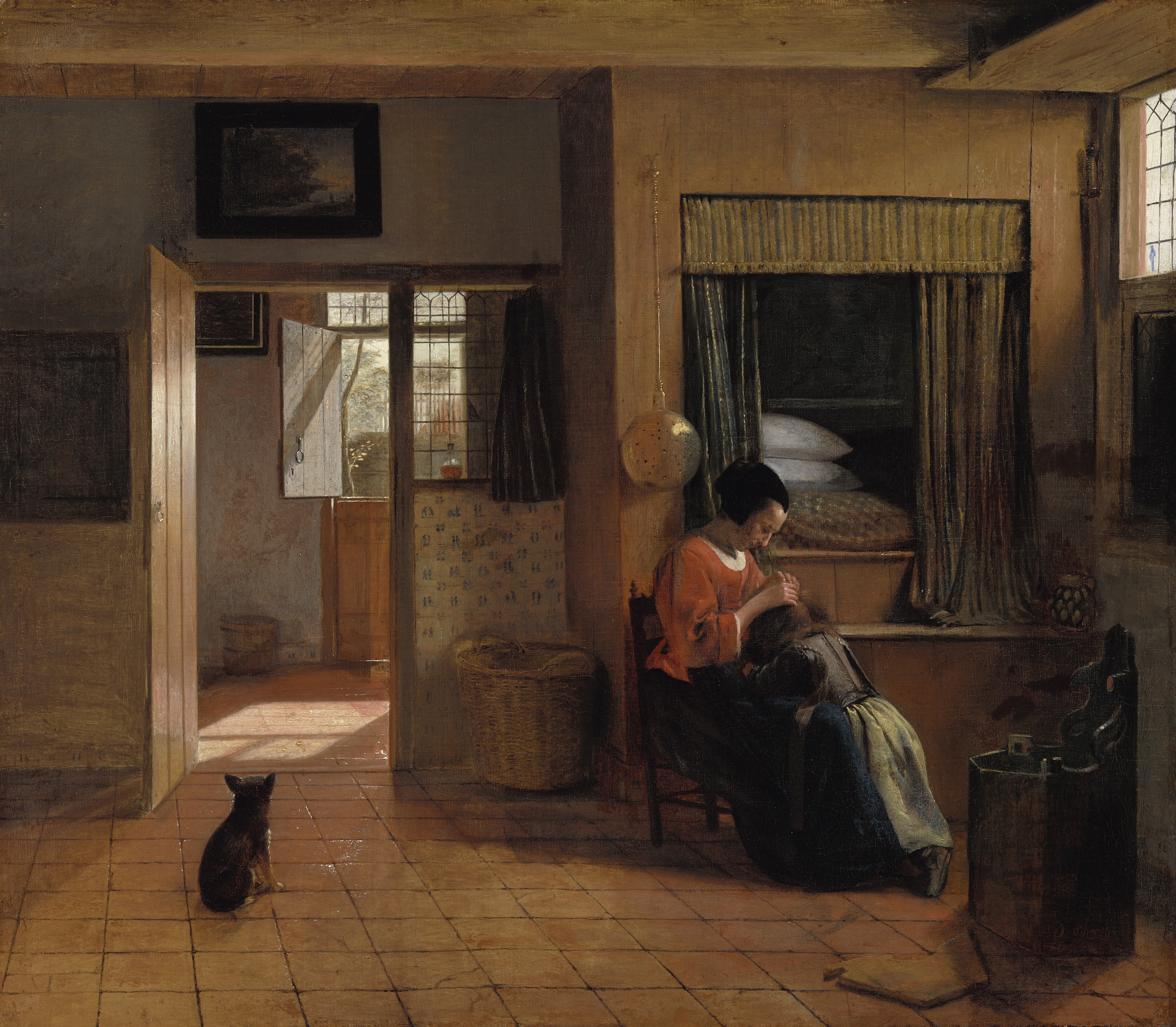 A Mother Delousing her Child’s Hair, Known as ‘A Mother’s Duty’, by Pieter de Hooch, public domain