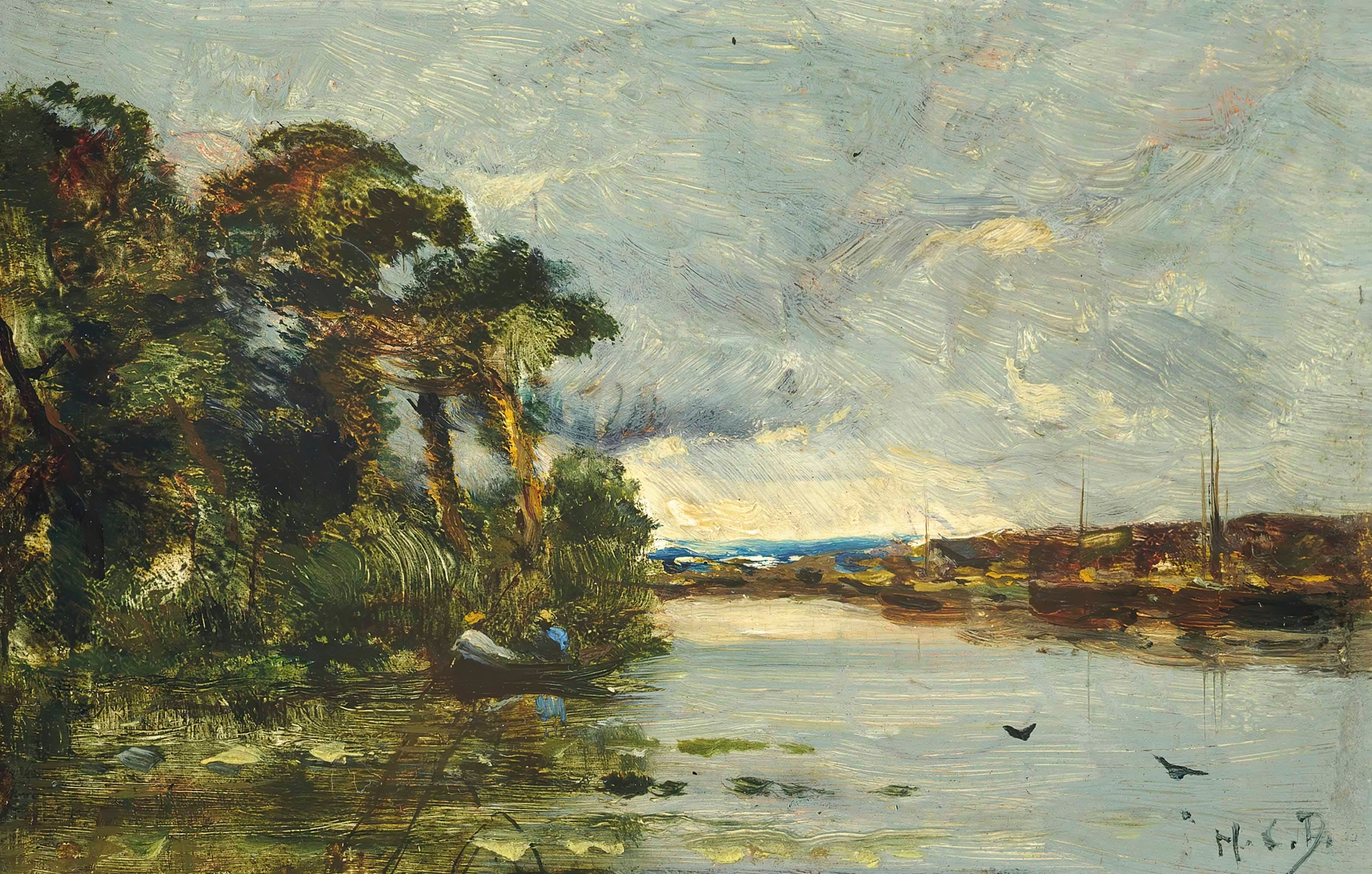 Canal De Pantin by Hippolyte Camille Delpy, oil on canvas depicting a tranquil twilight landscape