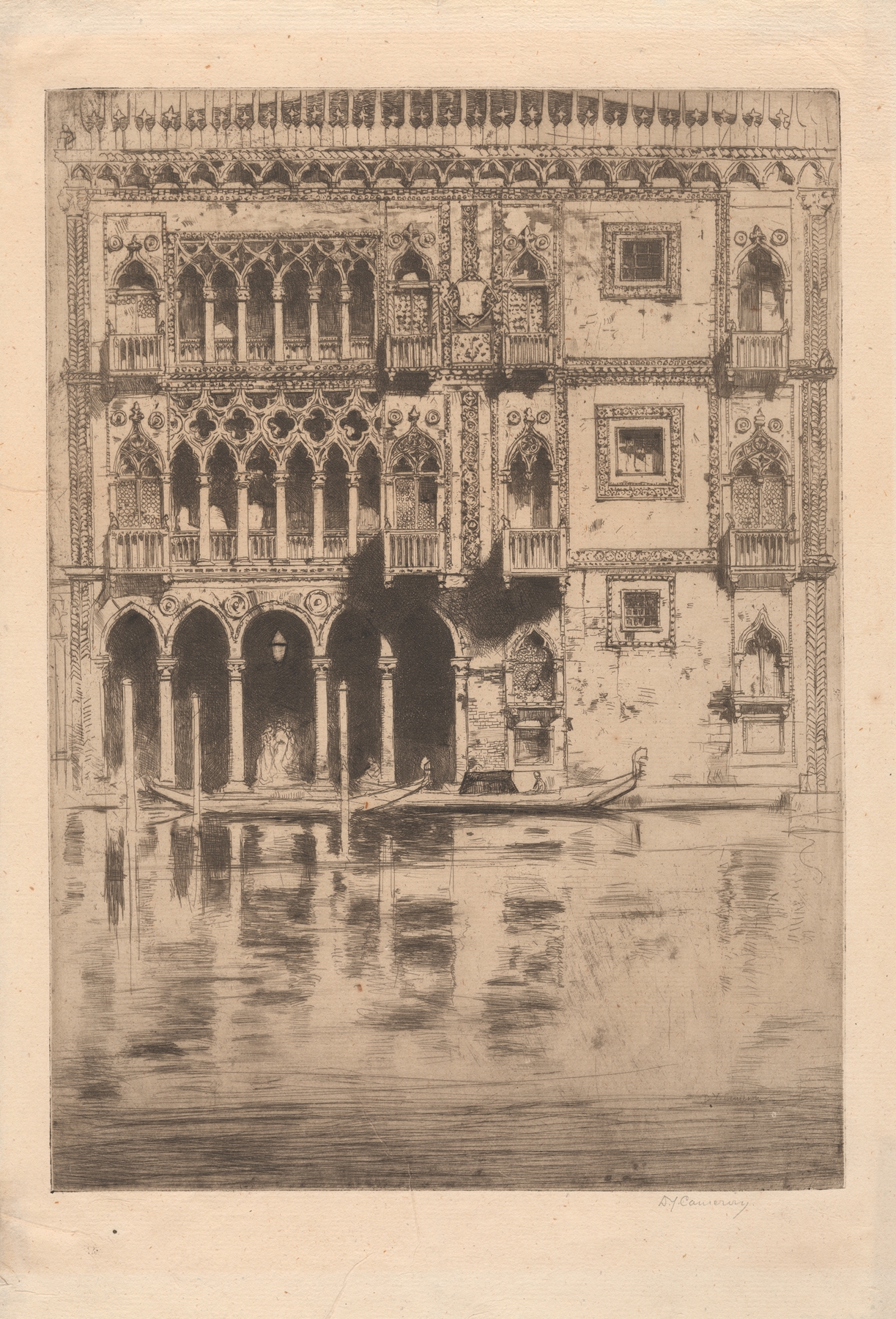 Etching by David Young Cameron depicting Ca D’Oro with ornate architectural details.