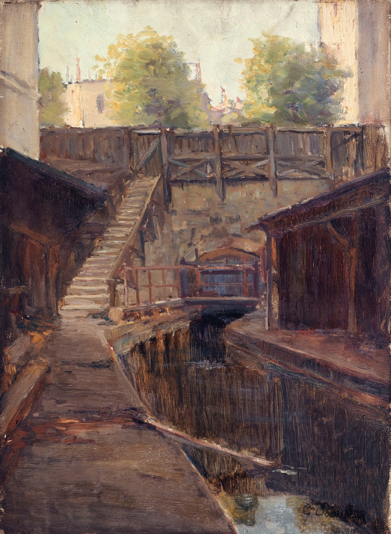 Landscape of Bras gauche de la Bièvre, boulevard Arago, oil on canvas by Germain Eugène Bonneton