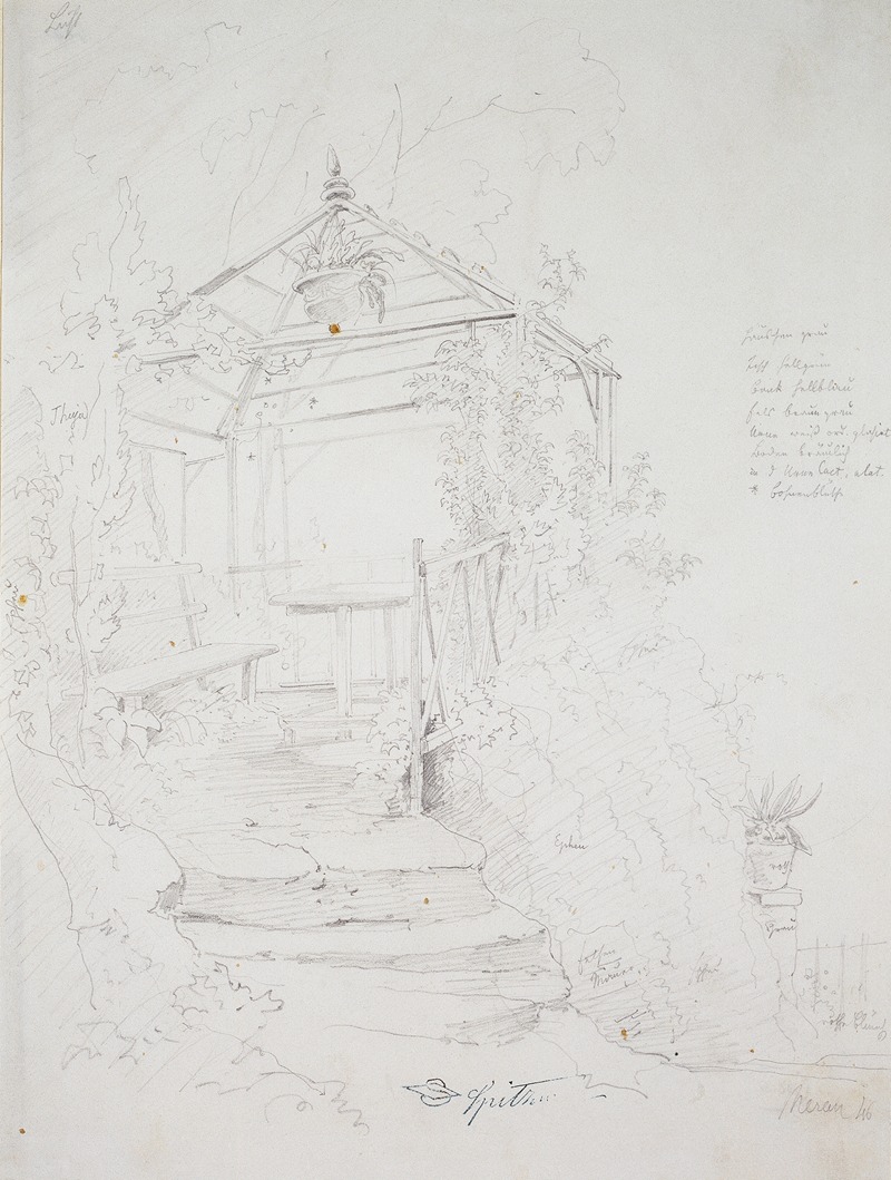 A serene landscape painting depicting a summer house in Meran.