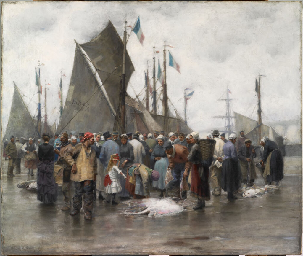 Fishing boats on shore in oil on canvas by William Edward Norton