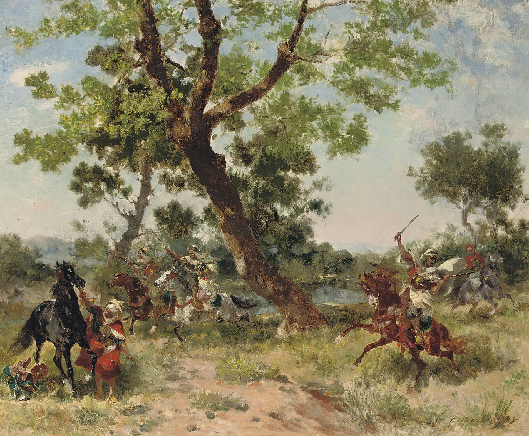 Historical scene of raiders in dynamic movement by Georges Washington, oil painting
