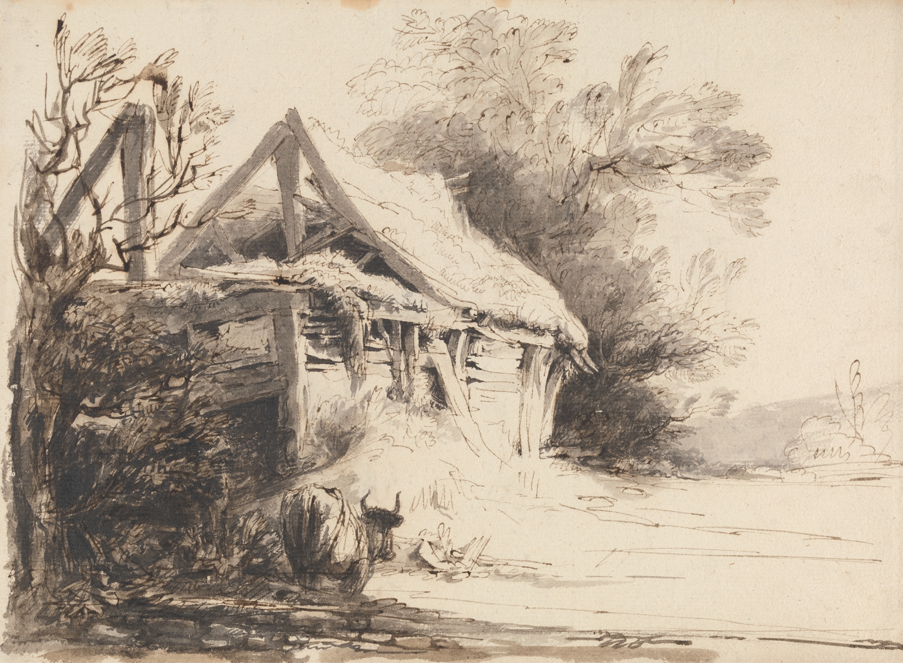 An Old Barn, Trees and Cow by Heneage Finch, oil on canvas