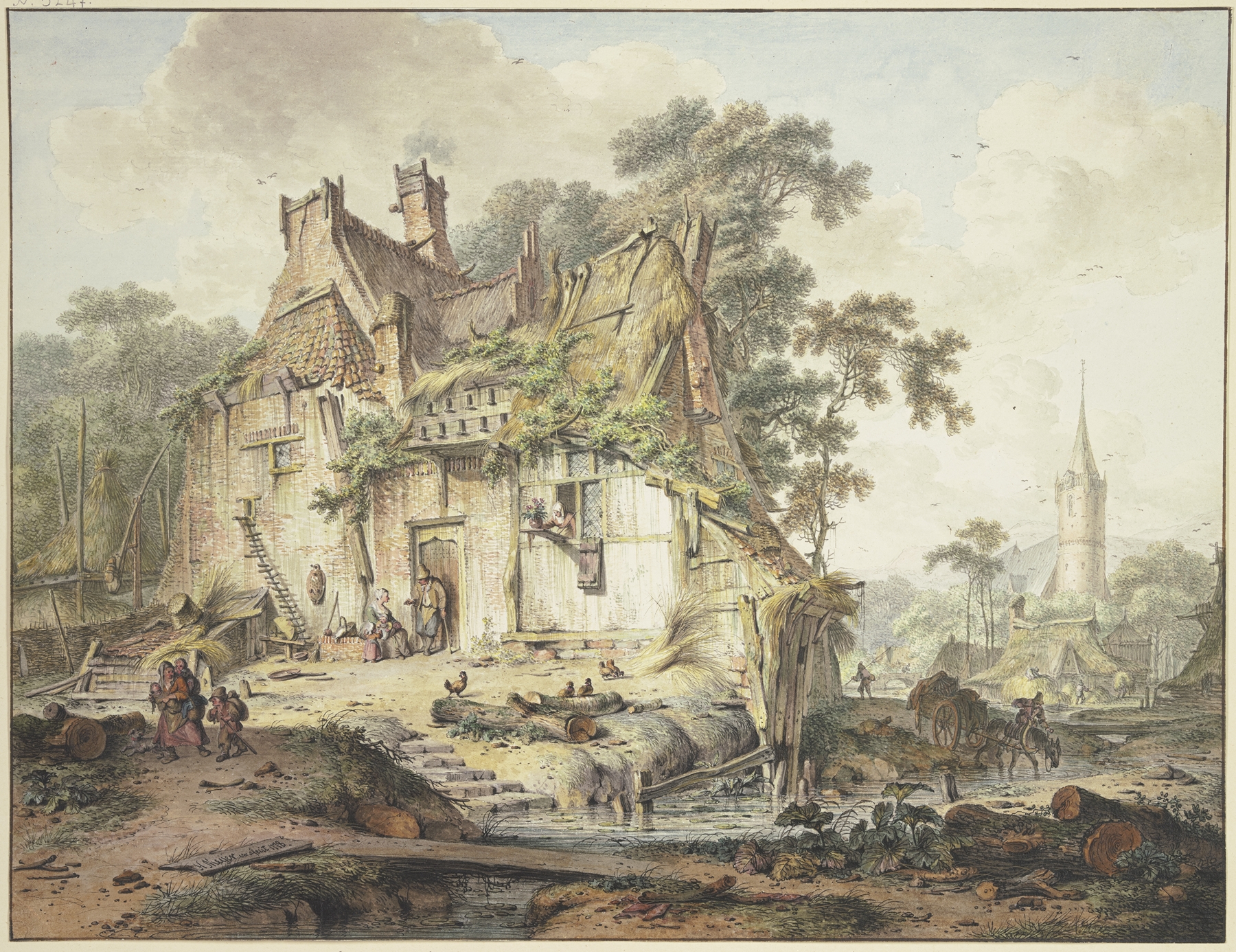 Farmhouse by a Stream, oil painting by Hendrik Meyer, featuring a pastel farmhouse and flowing stream.