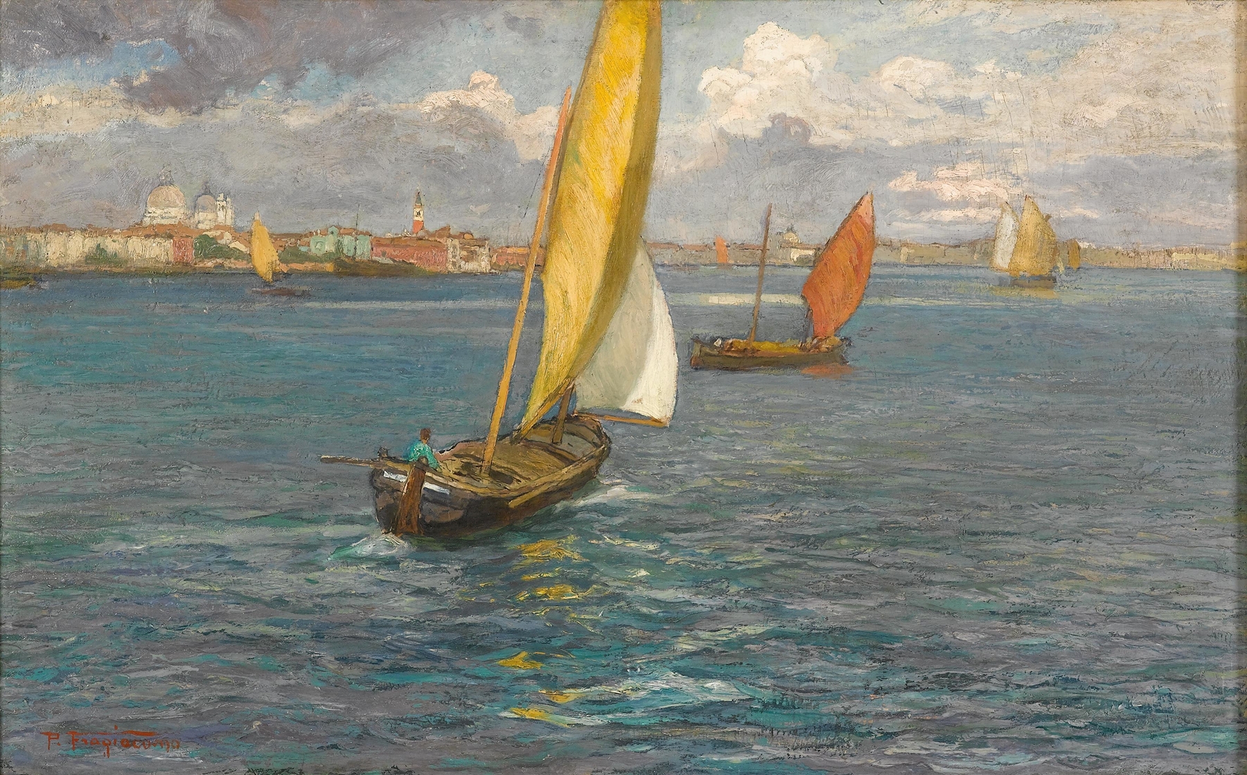 Venezia by Pietro Fragiacomo, oil painting depicting water reflections and Venetian architecture