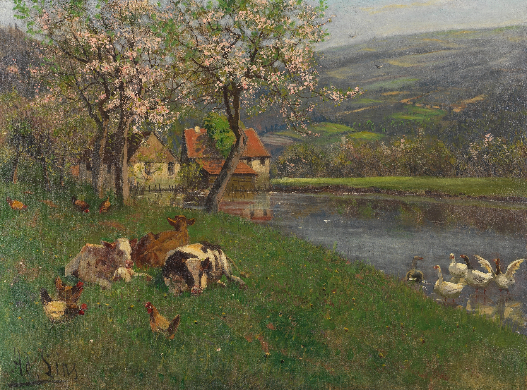 Sommertag am See by Adolf Lins, impressionism, depicting a summer lake with sunlight reflections.