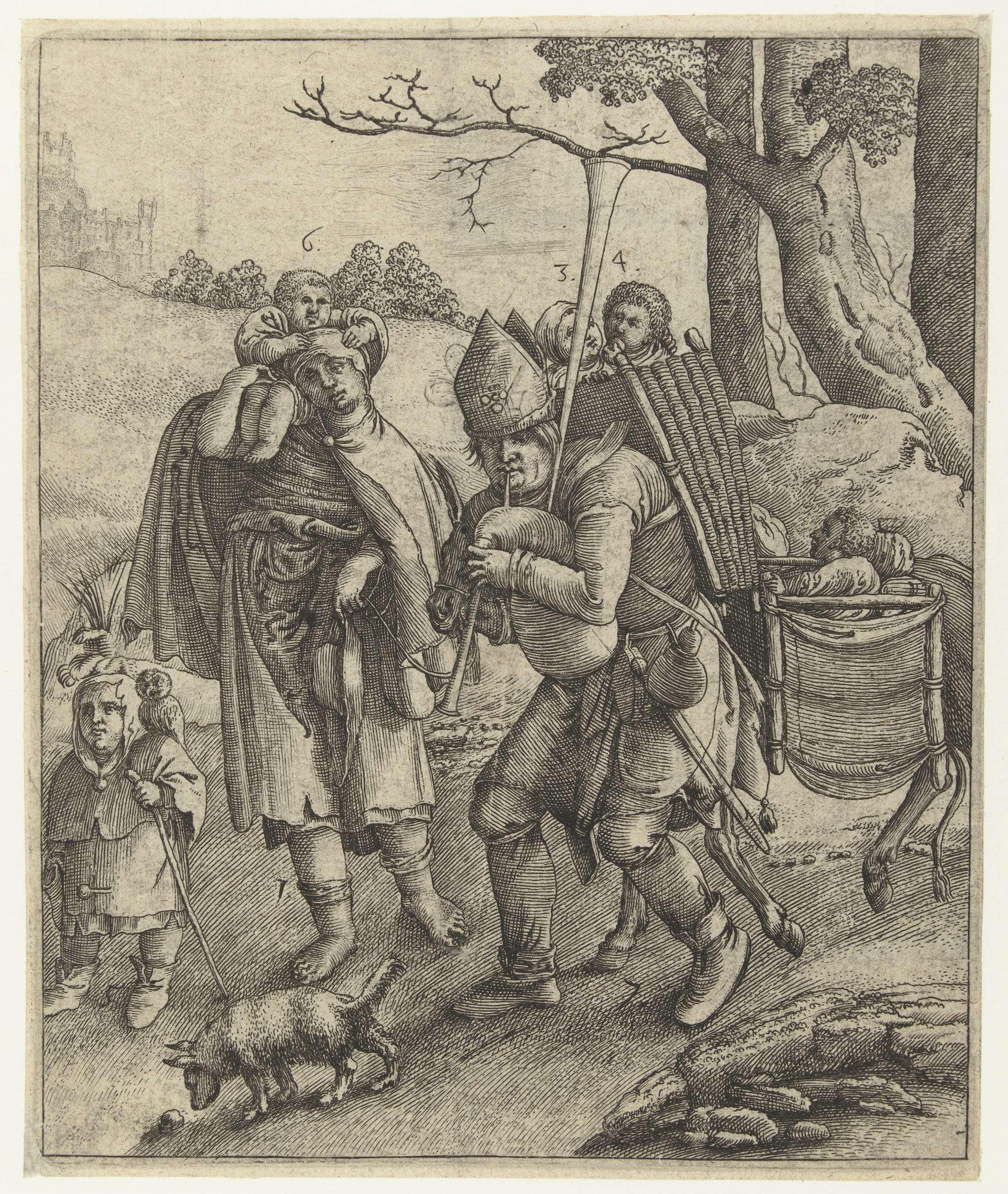 Uilenspiegel: de bedelaarsfamilie, etching by unknown artist, depicting figures gathered by a window.