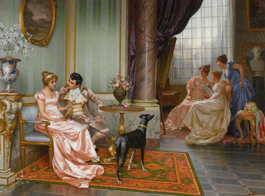 A captivating painting by Vittorio Reggianini showcasing a woman in admiration.
