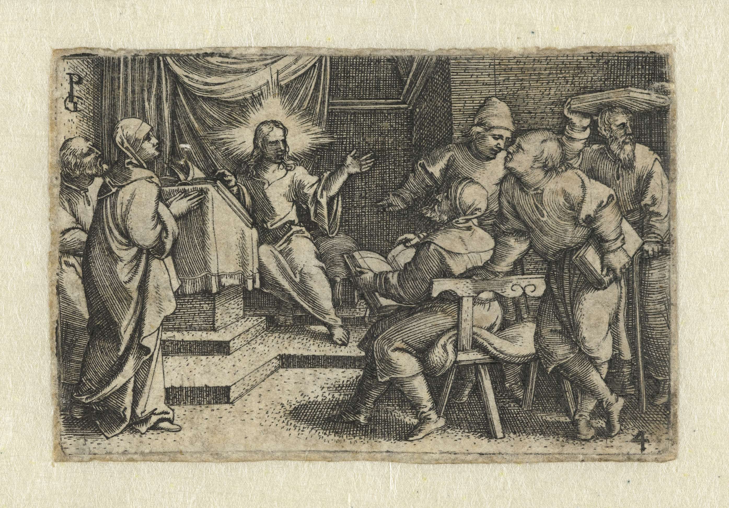 Engraving by Georg Pencz depicting Christ teaching scholars in the temple.