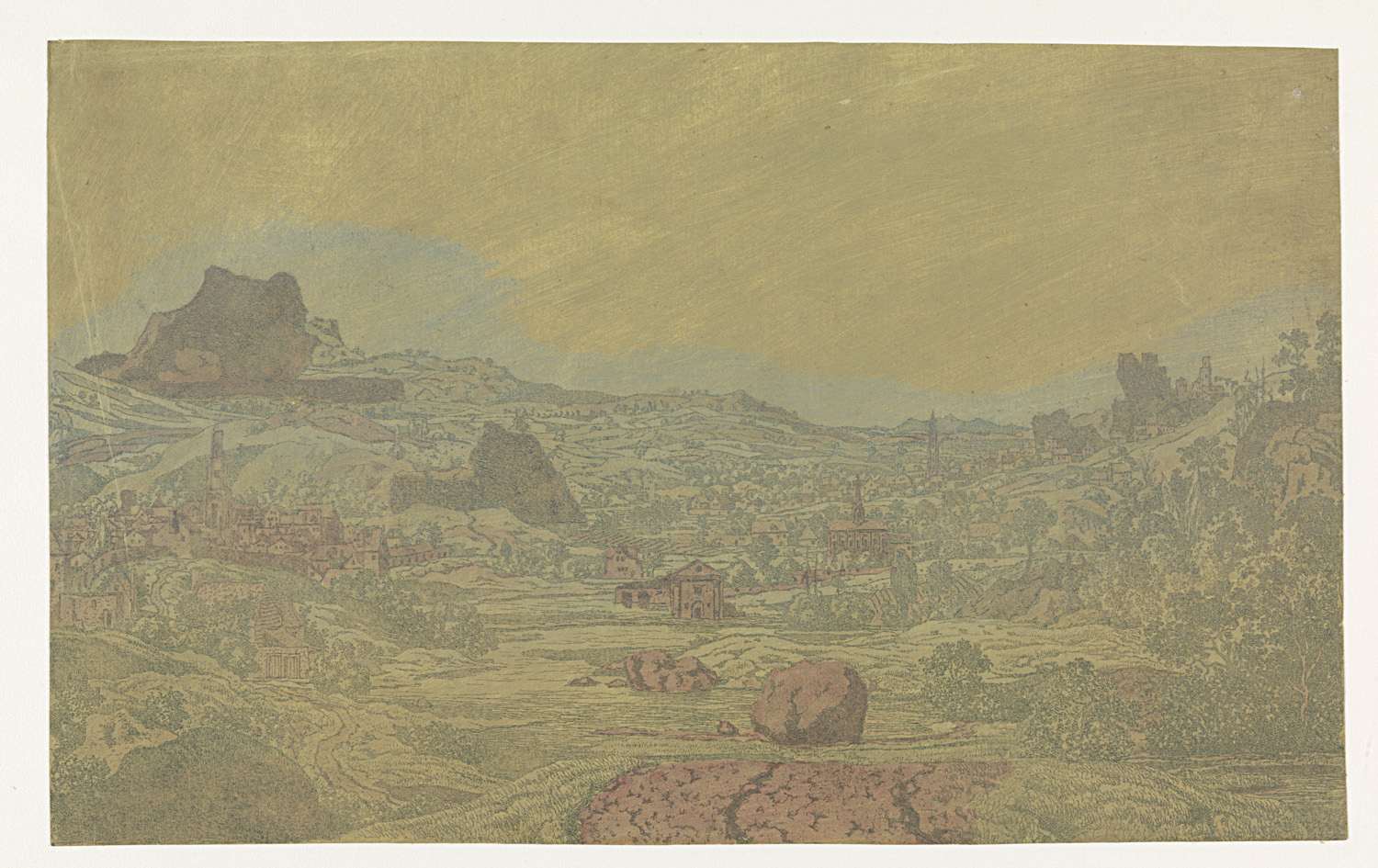 Etching by Hercules Segers depicting a valley with a river and a town with four towers.