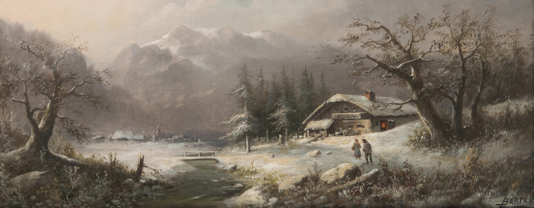 Winter Landscape by Ludvík Barták, oil on canvas depicting a snowy scene with depth and tranquility.
