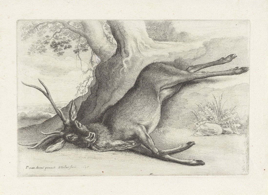 A dead stag lies in a wooded landscape, surrounded by trees and foliage.