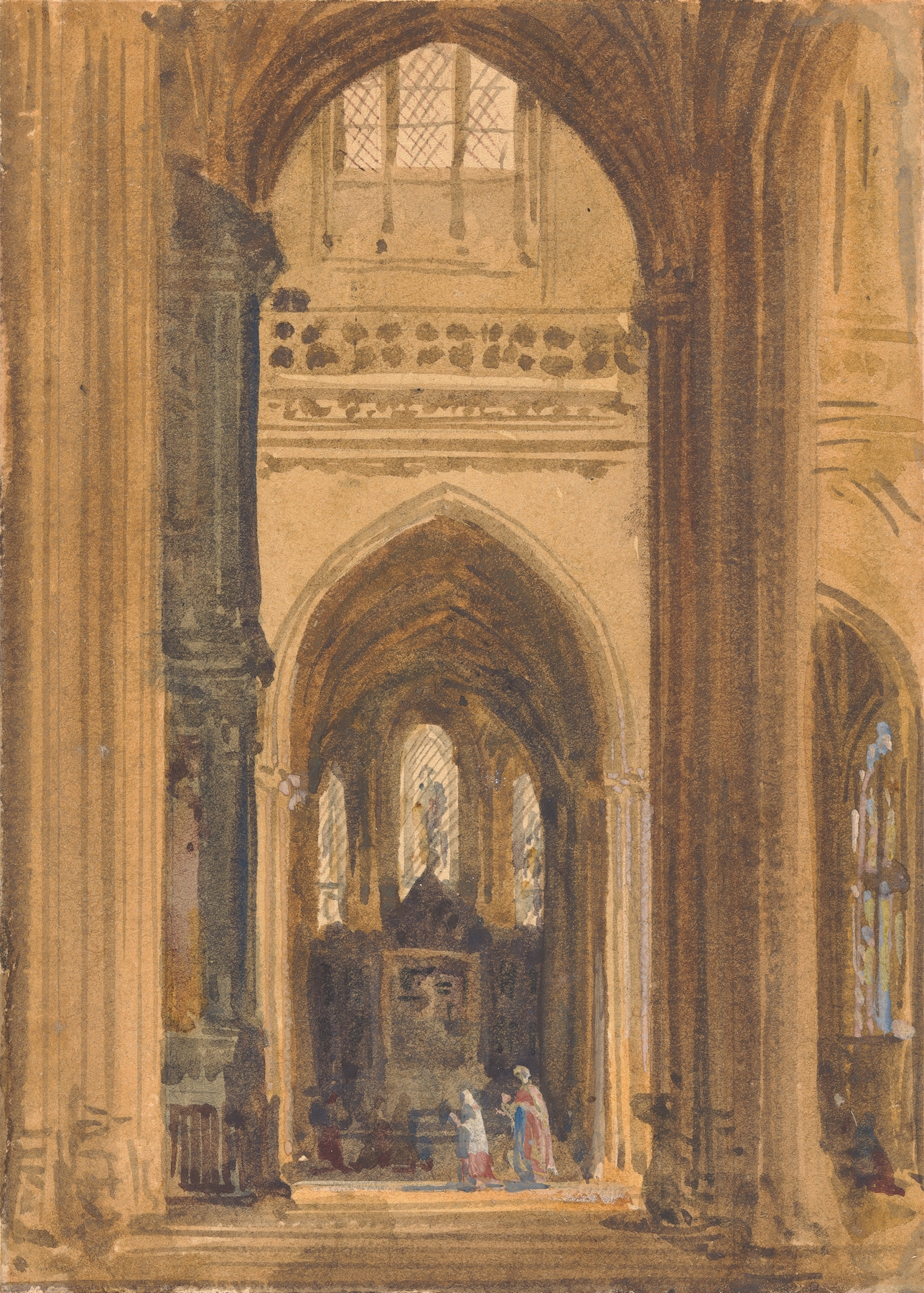 Interior of a Gothic Church by Augustus Pugin, featuring gothic architecture and stained glass.