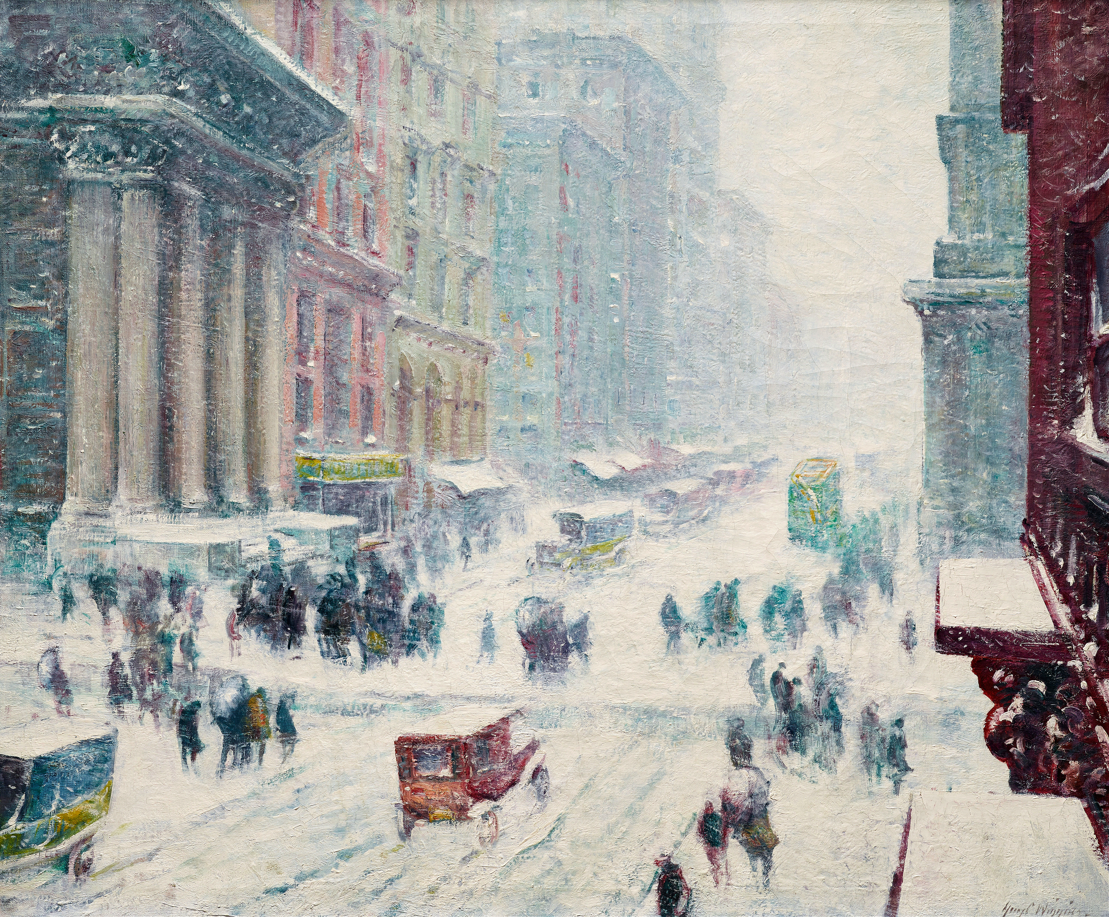 Fifth Avenue in Winter, oil painting by Guy Carleton Wiggins, depicting a snowy city street with figures.