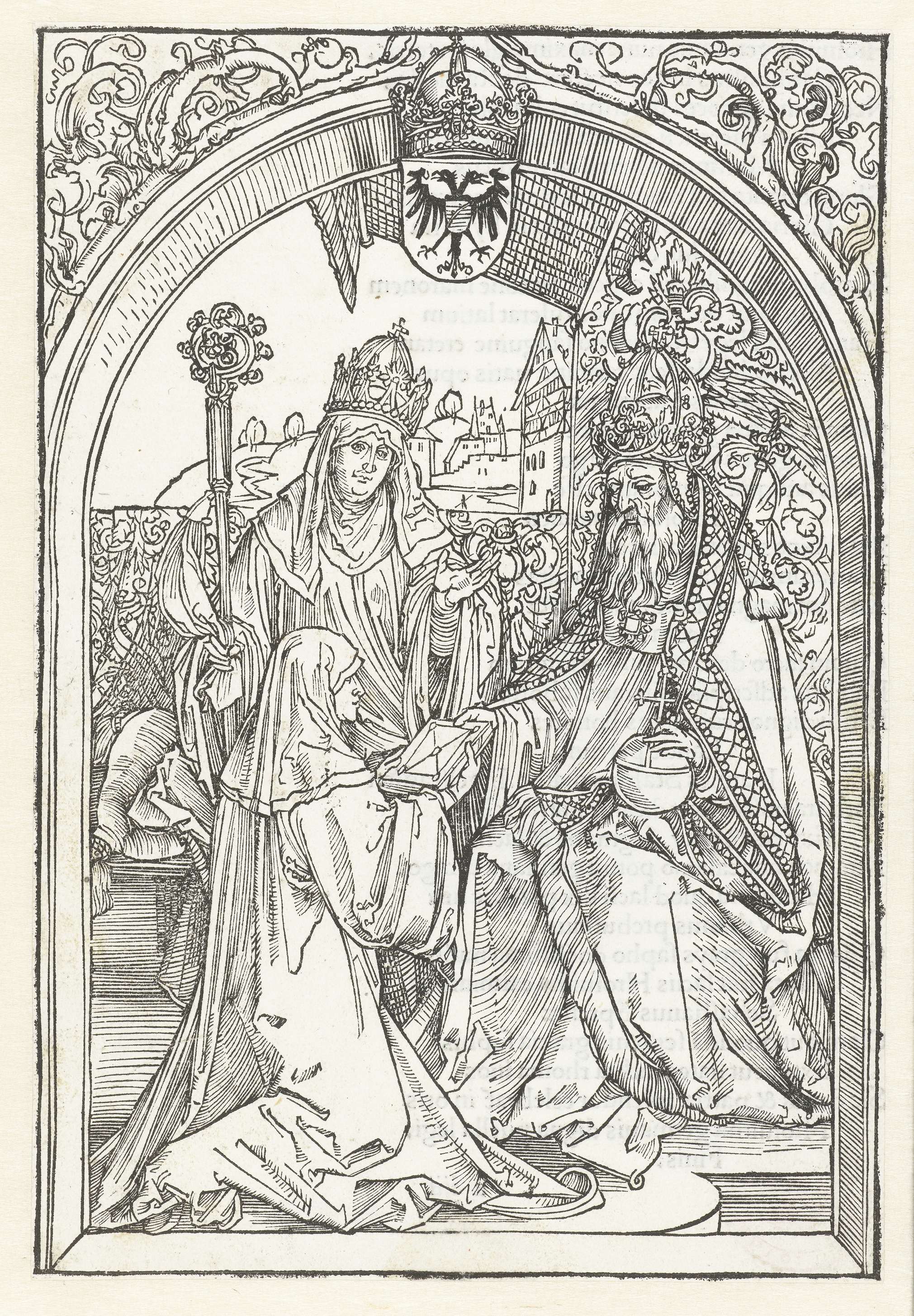 Roswitha van Gandersheim biedt keizer Otto I een exemplaar van haar boek aan, by Albrecht Dürer, public domain