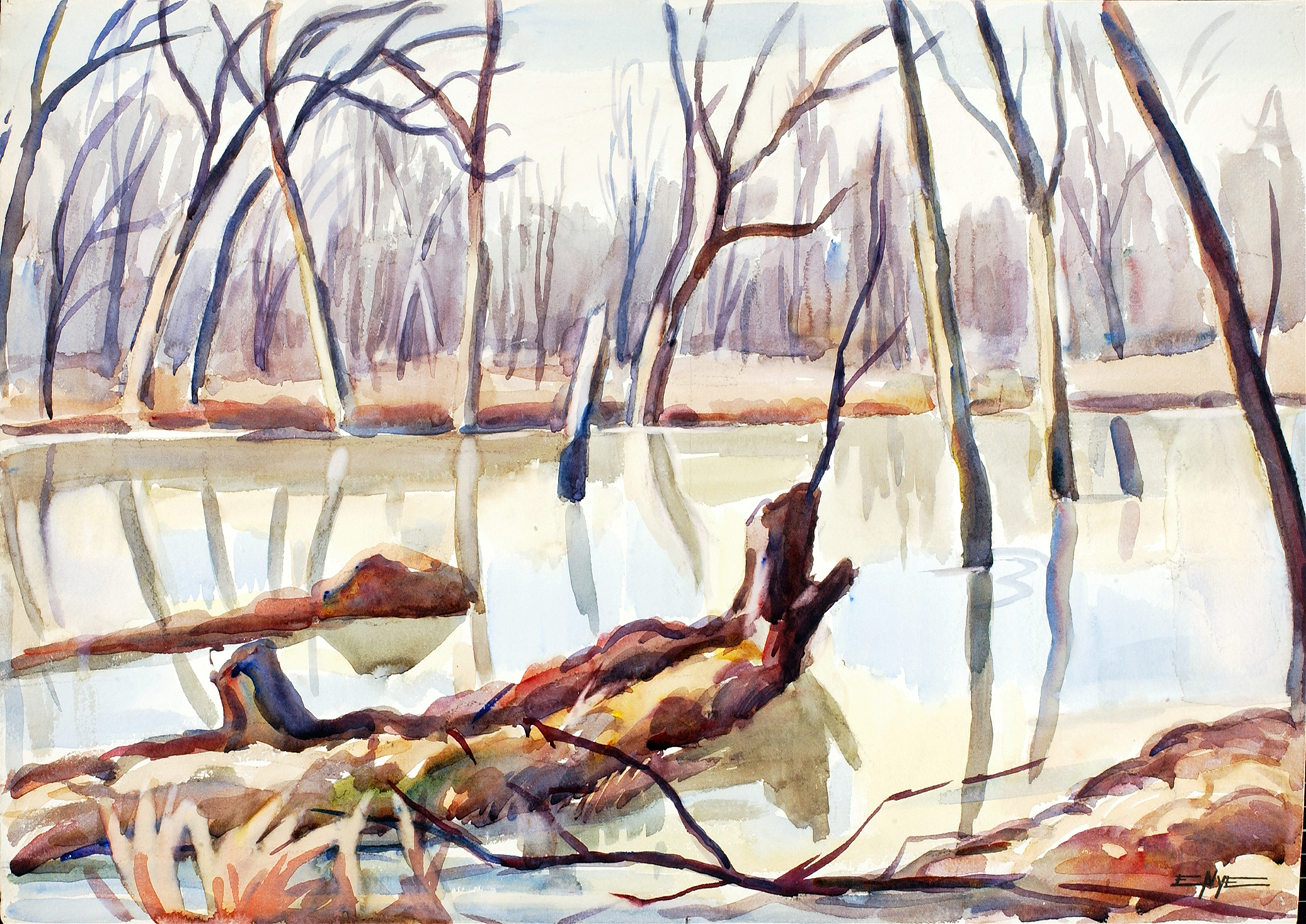 Rock Creek, Winter by Edgar Nye, oil on canvas depicting a winter landscape with ice and bare trees.