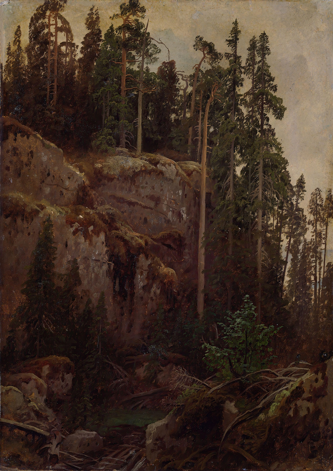 Landscape Study with a Precipice by August Cappelen, oil painting depicting rugged cliffs and rolling hills.