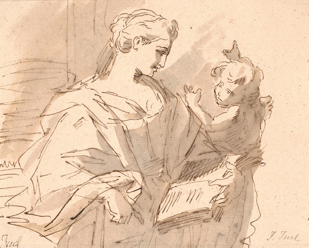 A portrait of a woman holding a book and accompanied by a putto.