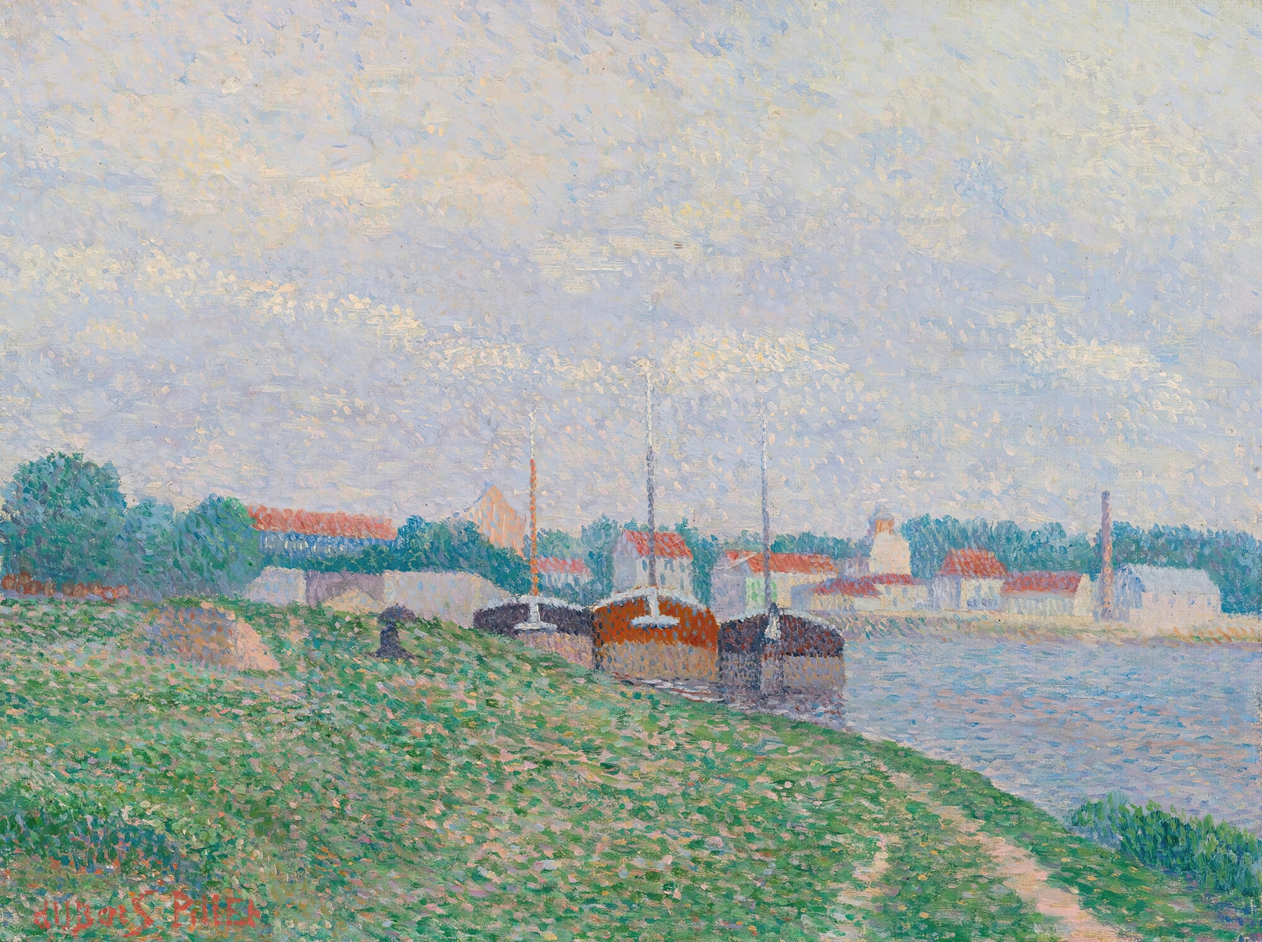 Trois Péniches Amarées Aux Abords D’une Ville Industrielle, oil on canvas by Albert Dubois-Pillet