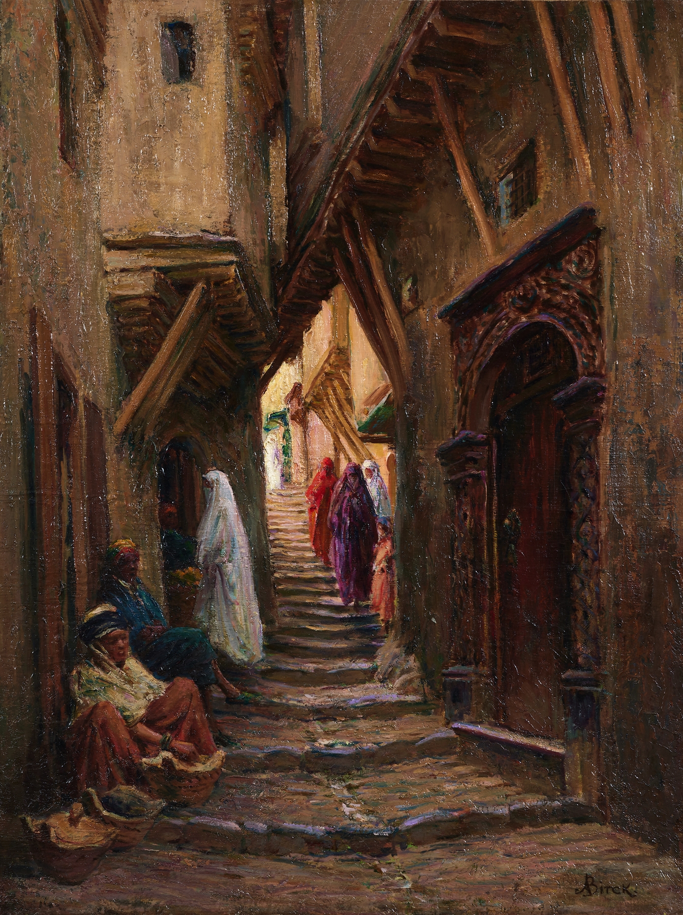 Rue de la Casbah by Alphonse Birck, impressionist landscape with warm golden hues.