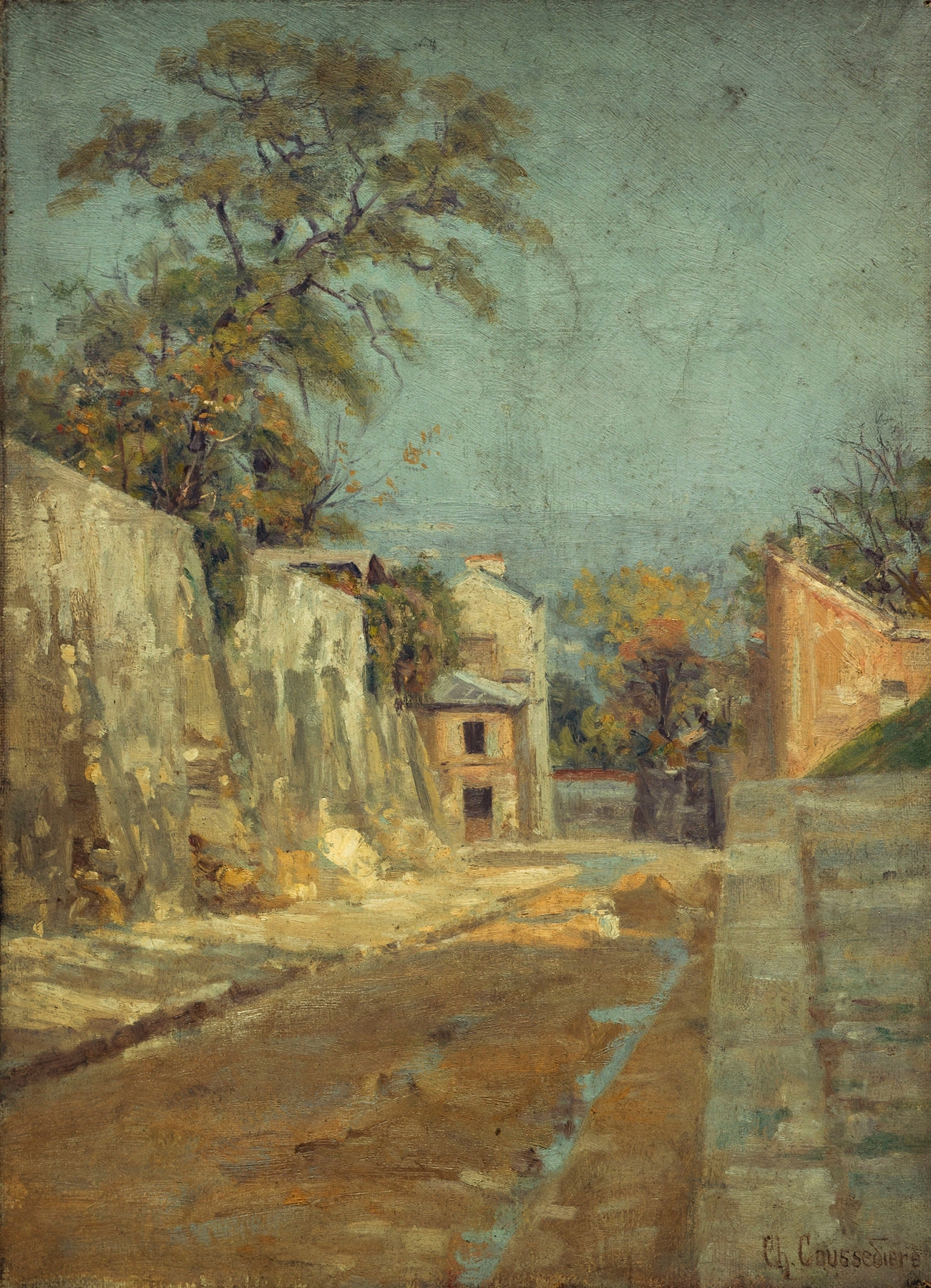 La Rue des Saules à Montmartre by Charles Jean Coussedière, oil painting depicting a twilight street scene.