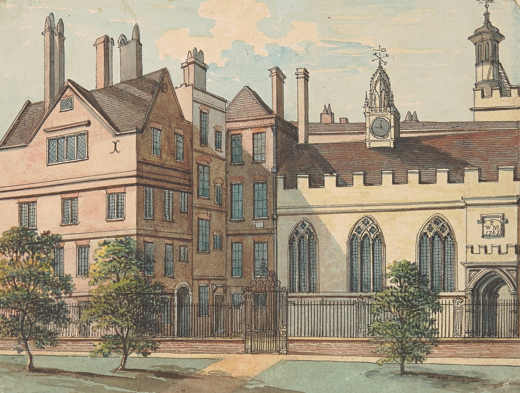 Clifford’s Inn by Samuel Ireland, oil on canvas depicting a courtyard with figures and soft morning light.