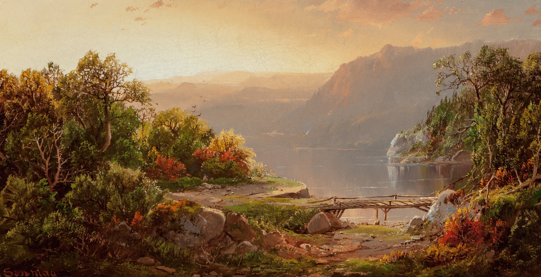 Evening on the Shenandoah, oil on canvas by William Louis Sonntag, depicting a tranquil twilight landscape.
