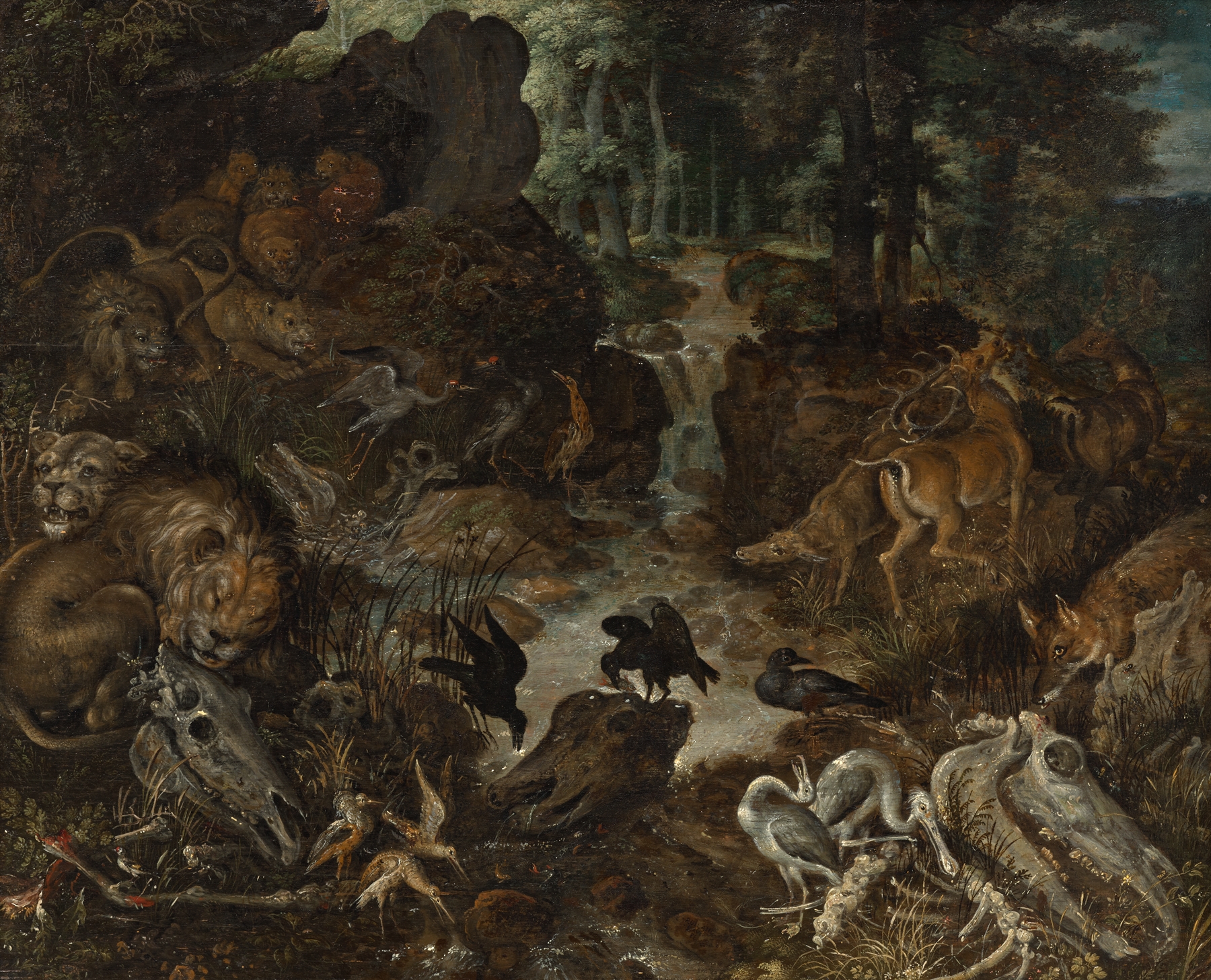 Lions and fox in a rugged landscape, oil on canvas by Roelant Savery