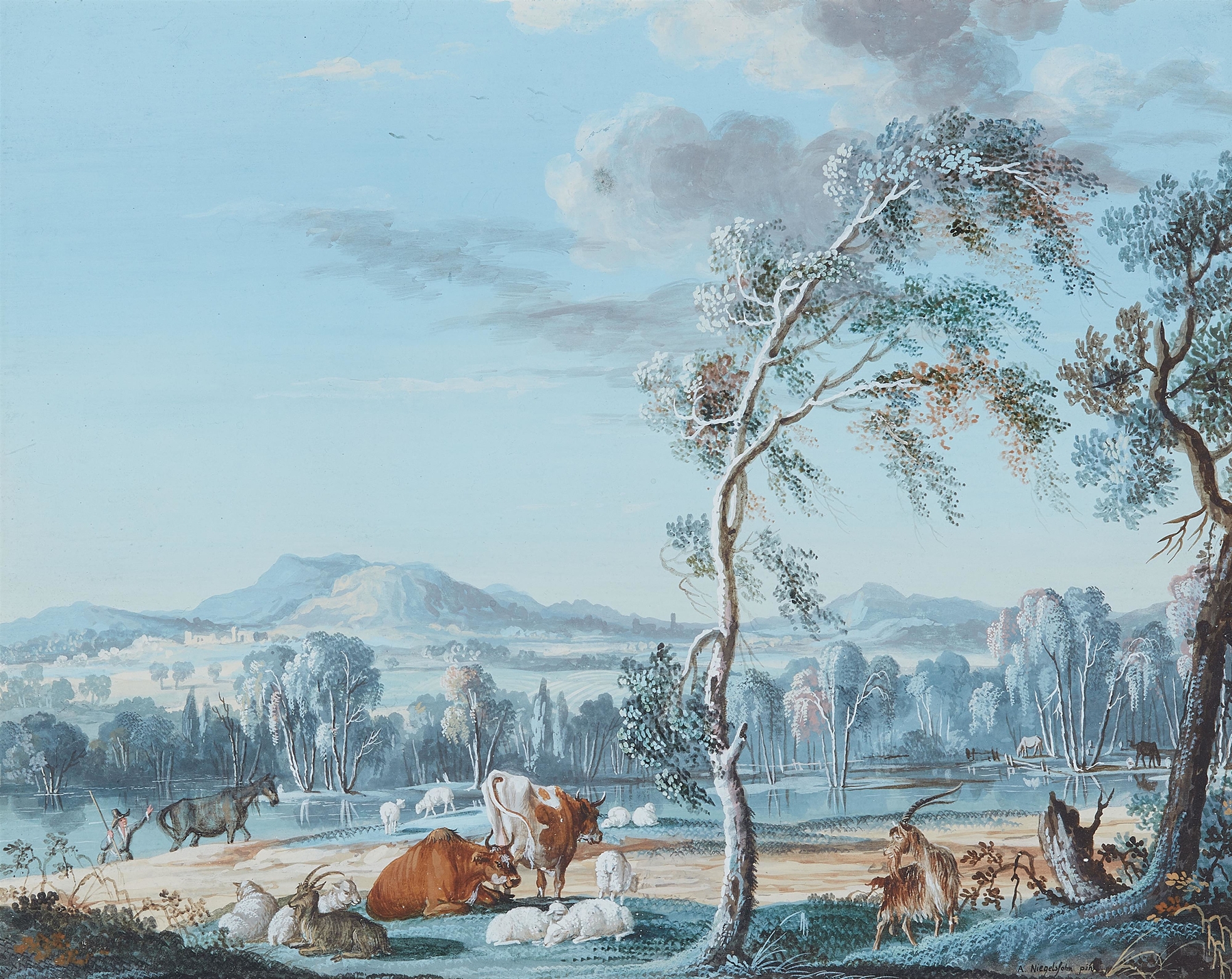 Landscape with shepherds and animals by Johann August Ernst Niegelssohn, oil painting