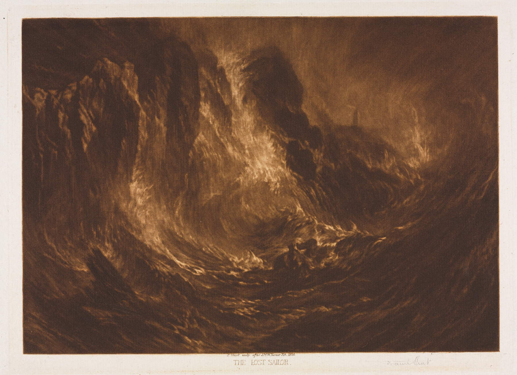 Engraving by Sir Frank Short depicting a solitary sailor adrift in muted ocean colors