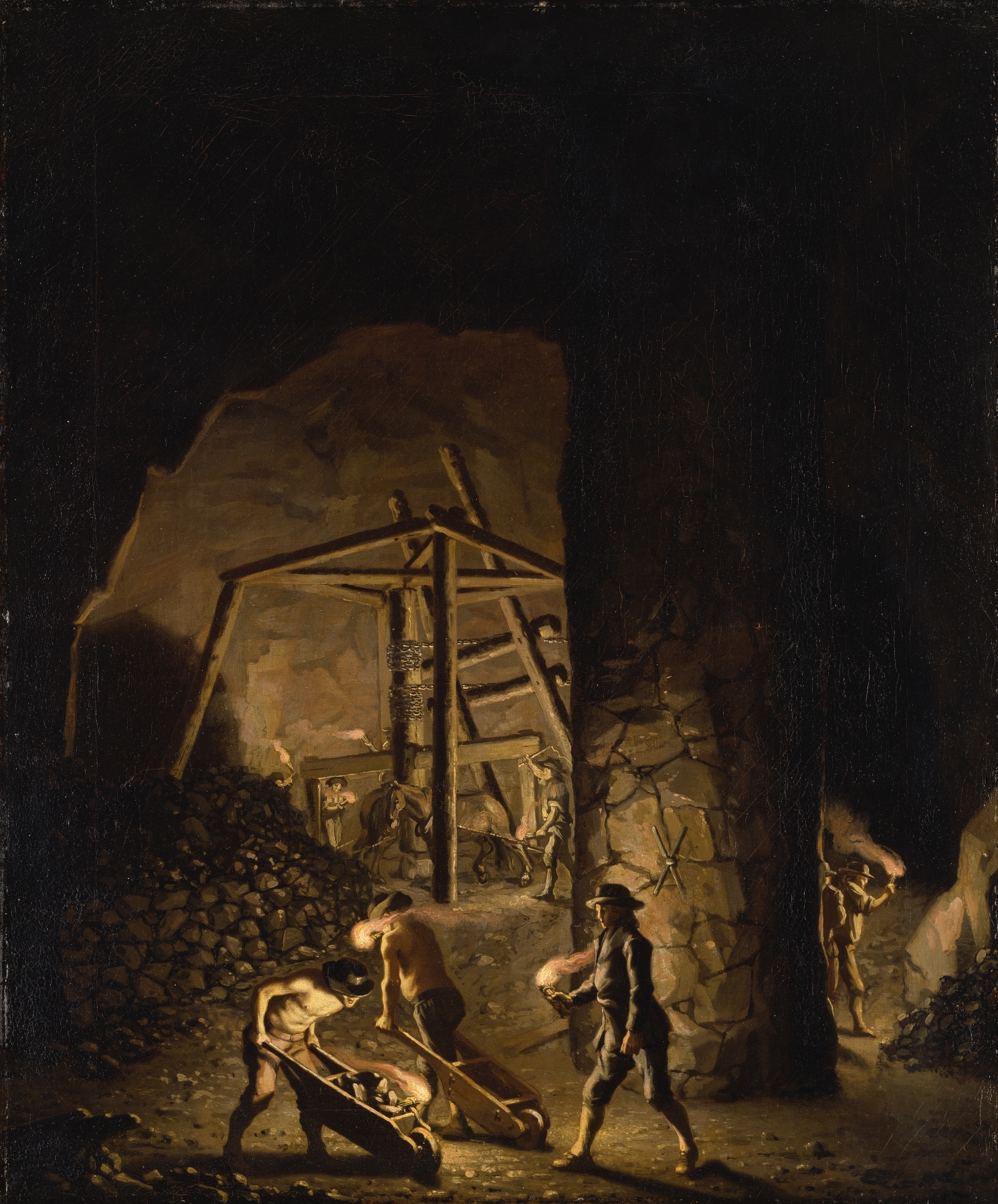 Gallery in Falun Copper Mine, oil on canvas by Pehr Hilleström, featuring luminous copper and shadows.