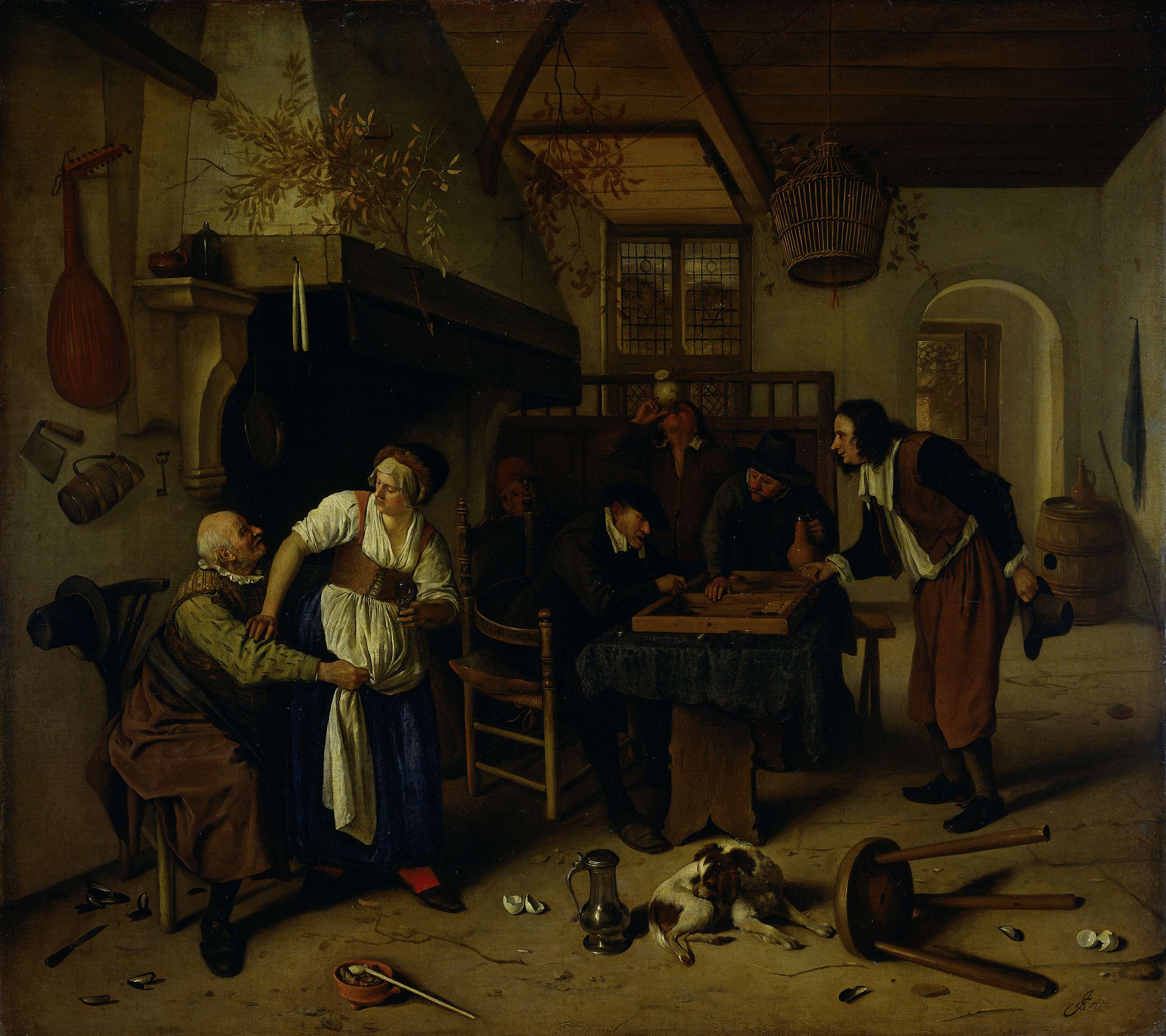 Interior of an inn with an old man amusing himself with the landlady and two men playing backgammon, known as 'Two kinds of games', by Jan Havicksz. Steen, public domain