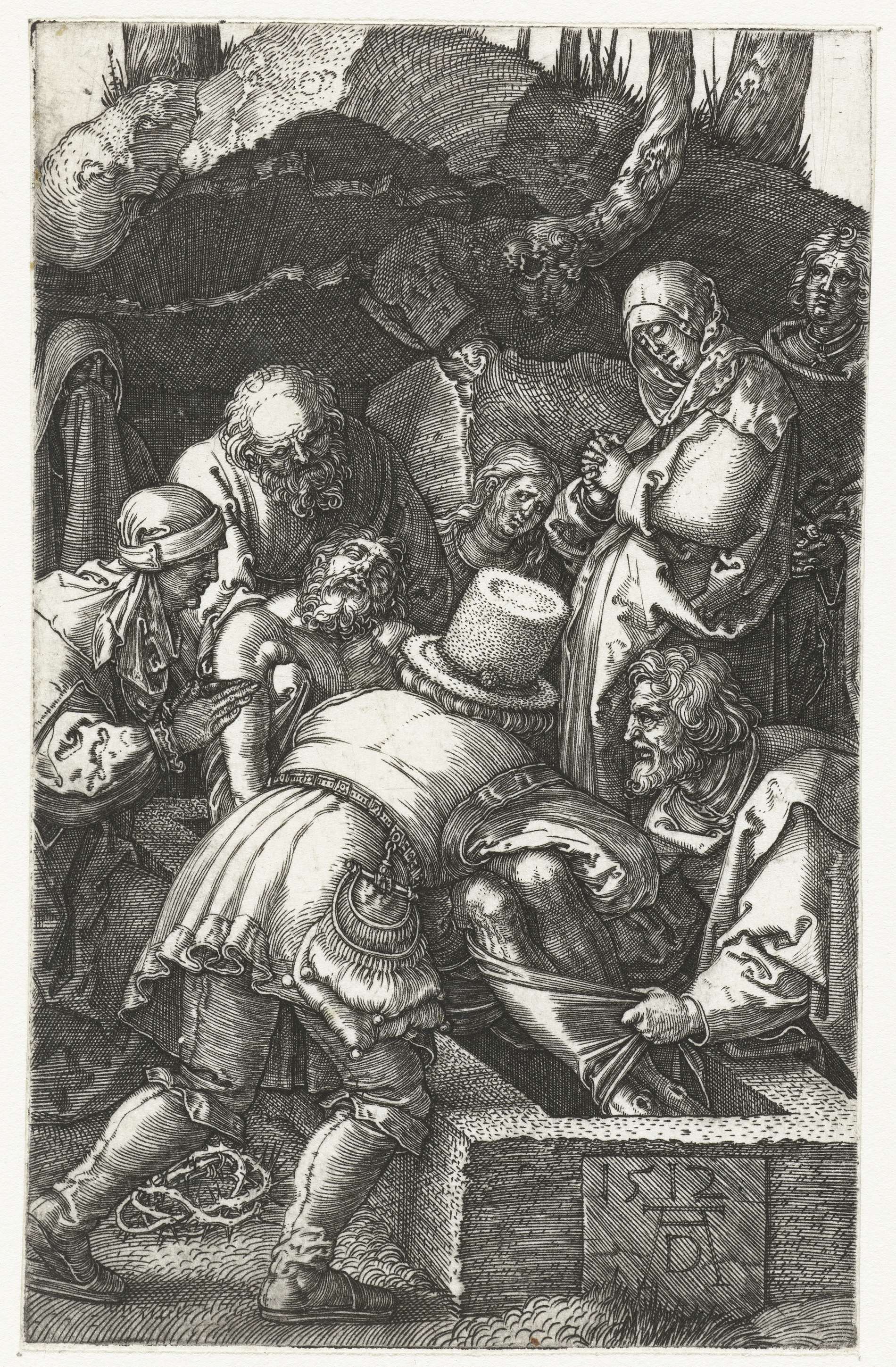 Engraving by Albrecht Dürer depicting a funeral scene with mourners around a lifeless figure.