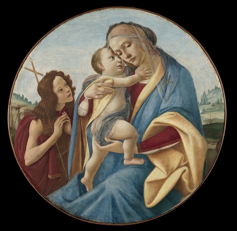 This painting depicts the Virgin Mary with the Child Jesus and young Saint John the Baptist.