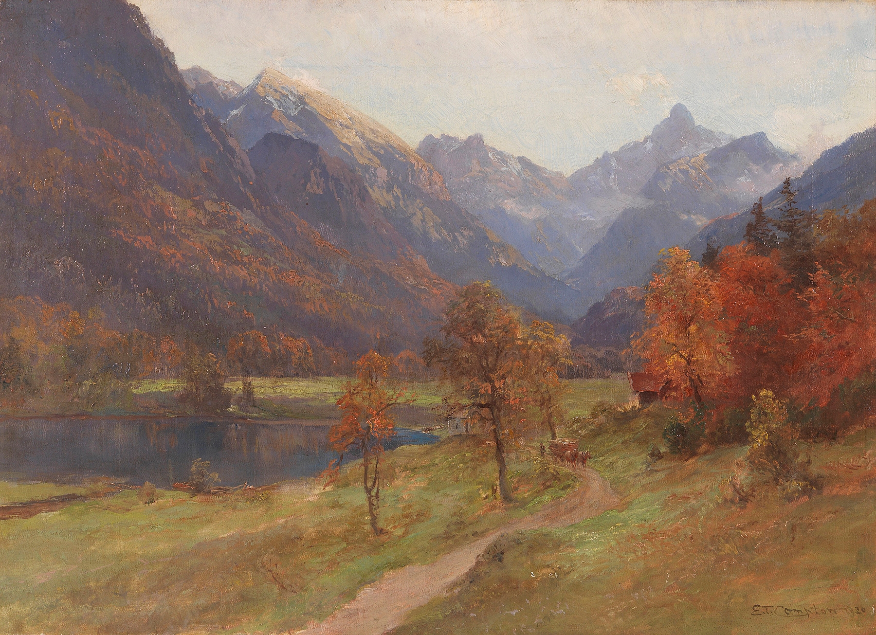 Autumn landscape with mountains and valley, oil on canvas by Edward Theodore Compton