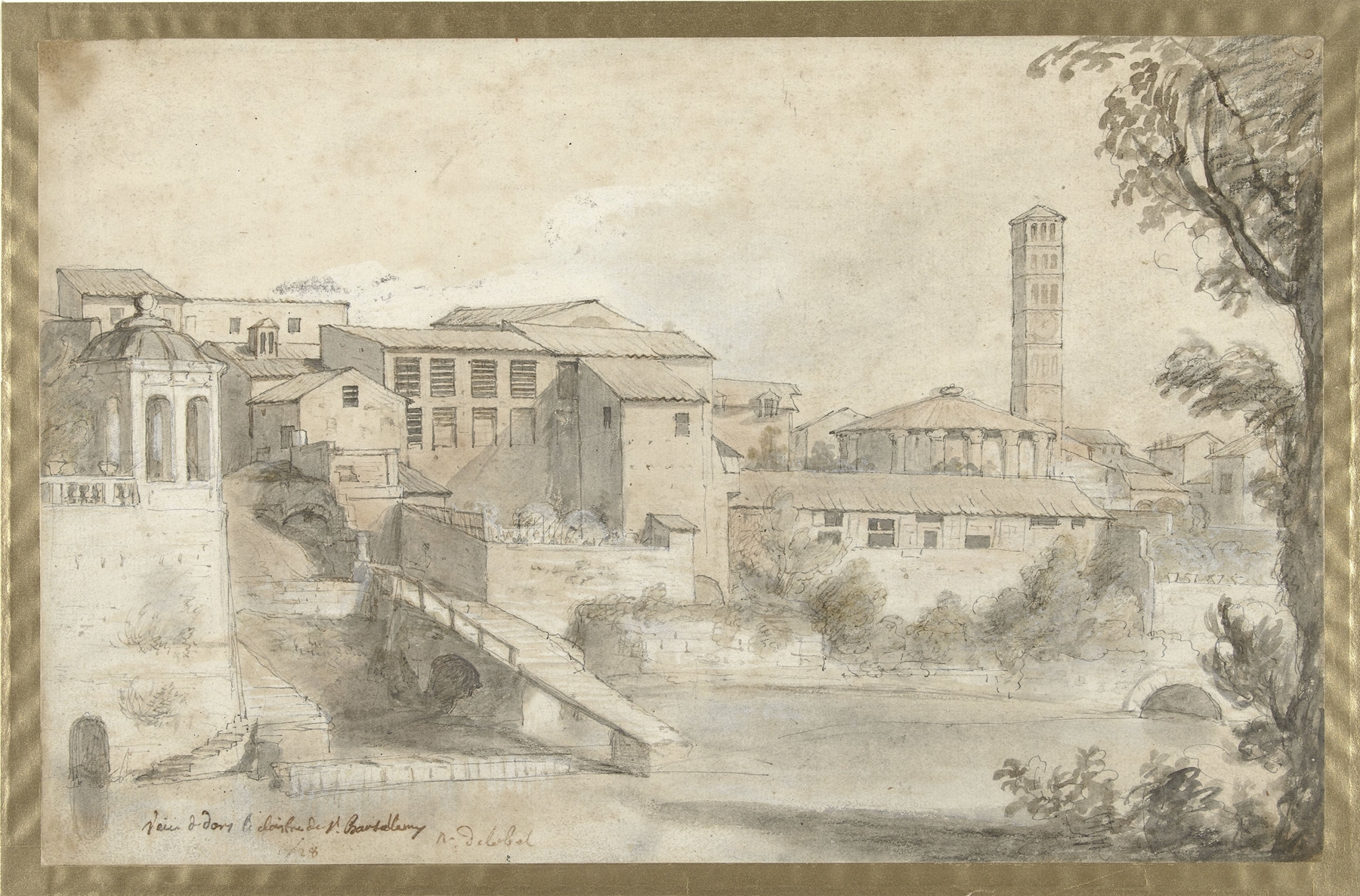 Tibereiland met het klooster van San Bartolommeo, oil on canvas by Nicolas Delobel