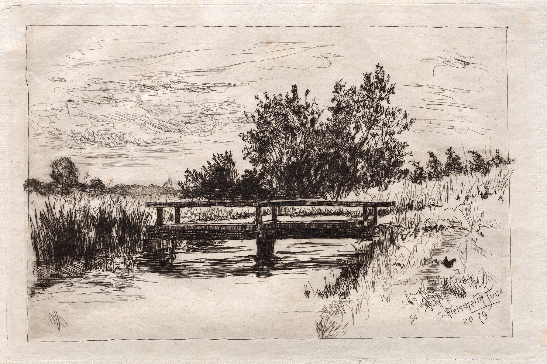 Bridge over tranquil water by Otto Henry Bacher, Impressionism