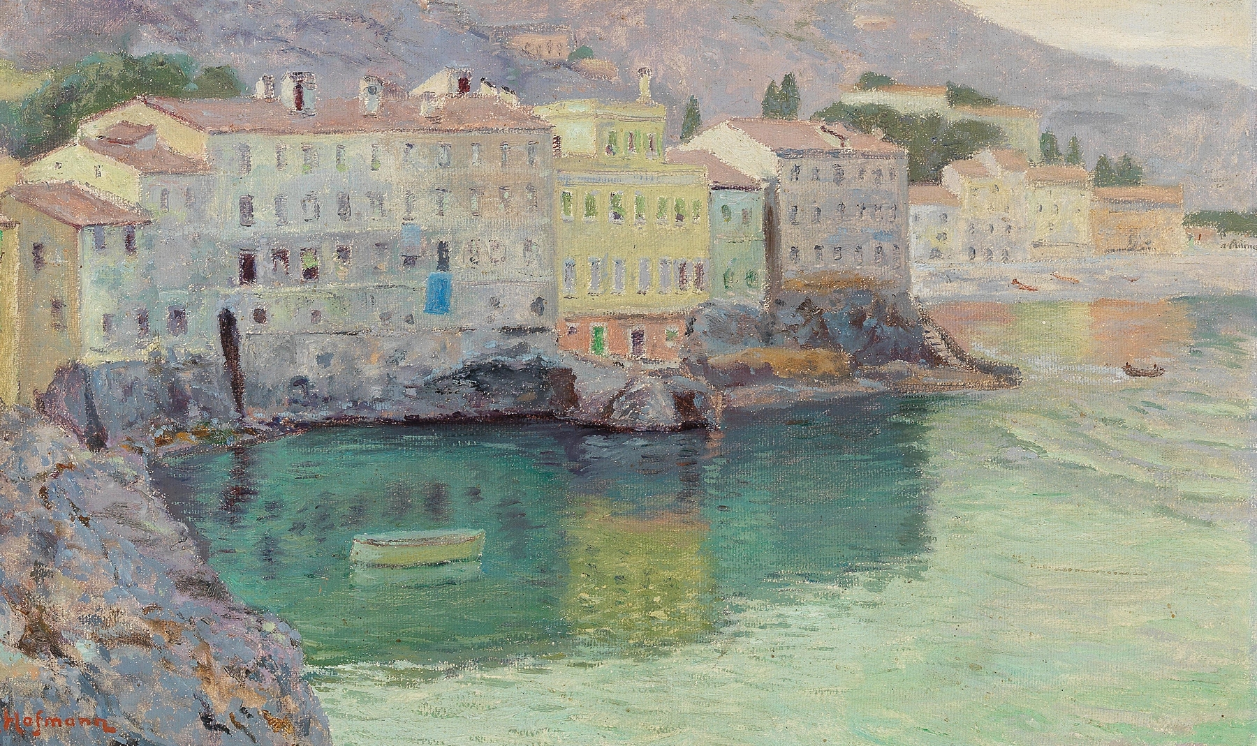 Landscape of San Michele am Gardasee by Karl Hofmann, oil painting depicting a tranquil lake and mountains.