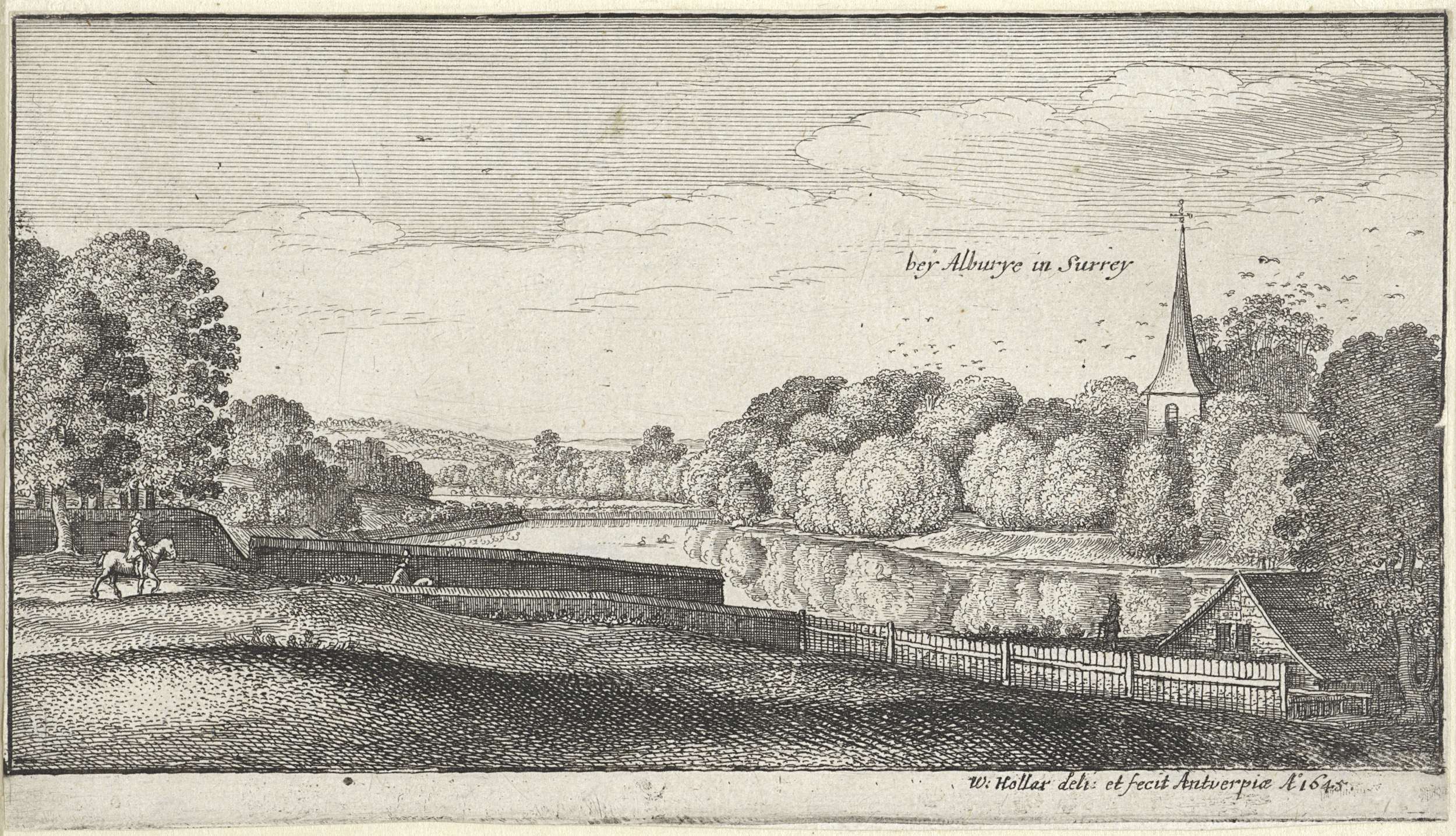 Rivierlandschap met kerk nabij Albury, etching by Wenceslaus Hollar, depicting a river and church under cloudy skies.