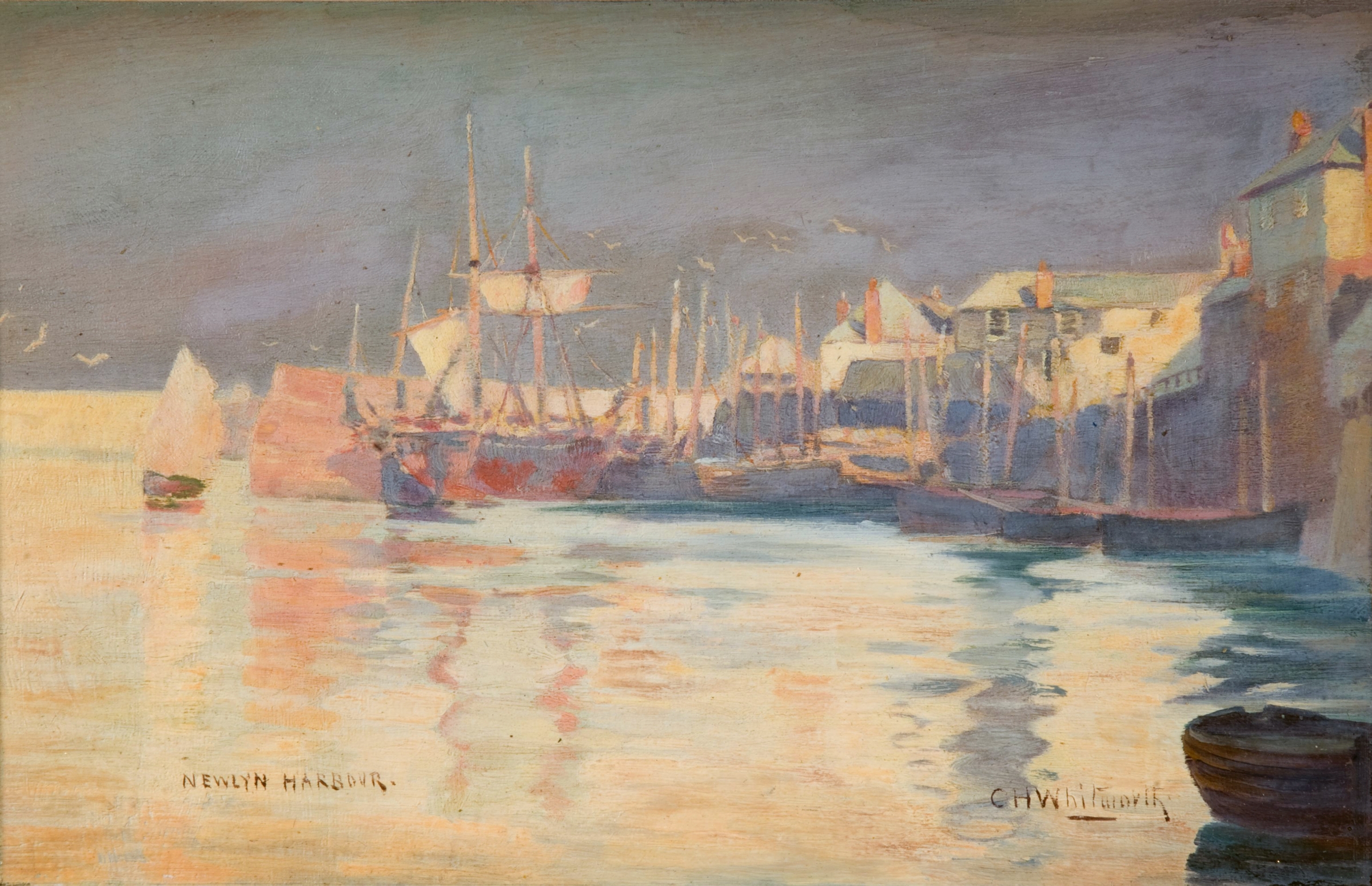 Newlyn Harbour oil painting by Charles H Whitworth showing boats and shimmering water