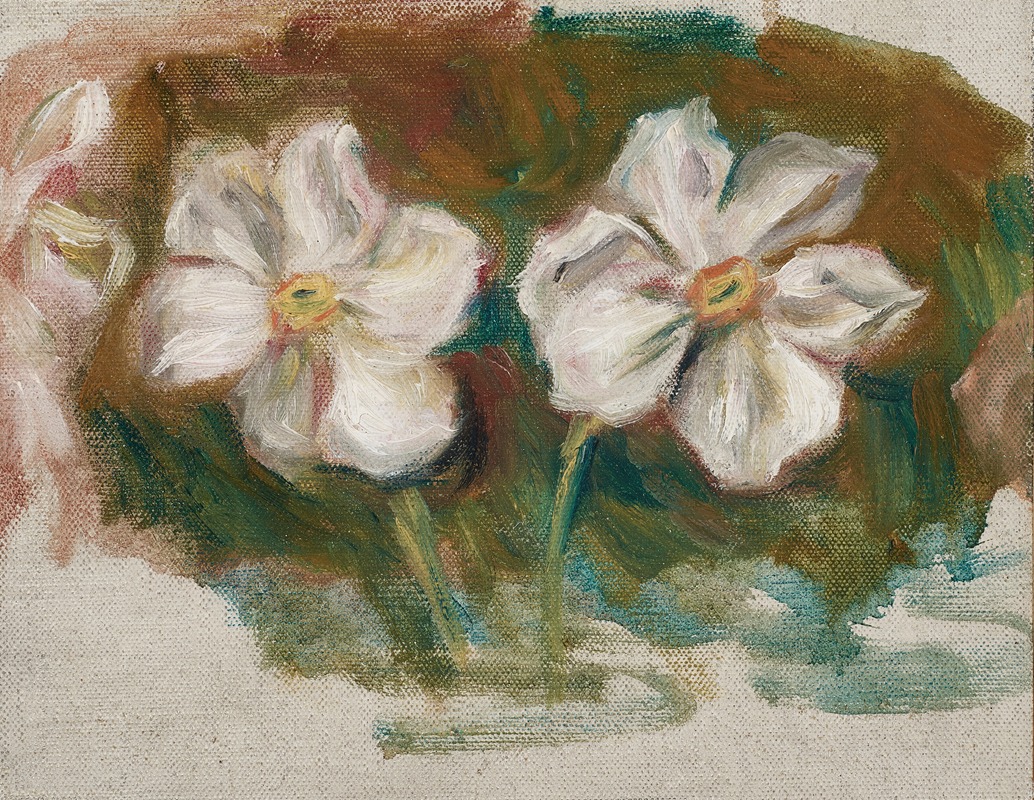 A fragment of a painting by Renoir featuring vibrant flowers.