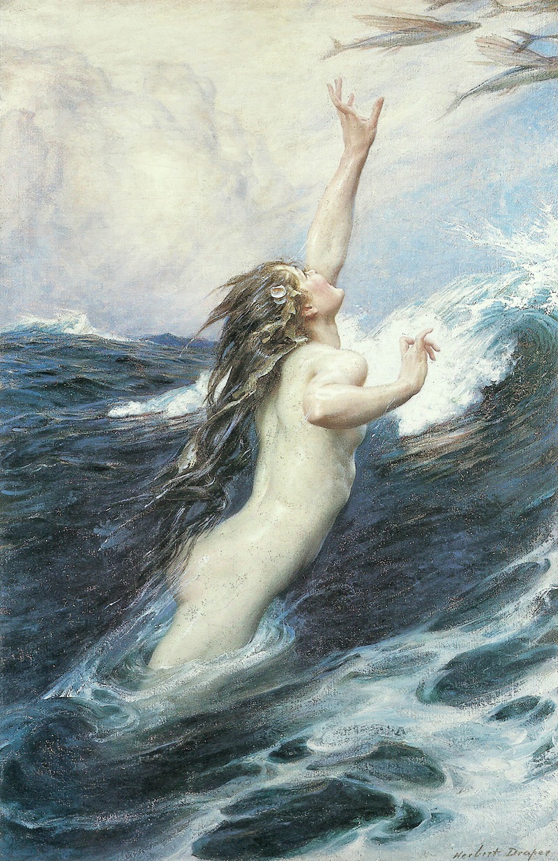 Herbert James Draper's 'Flying Fish' depicts a mythical scene with vibrant colors and dynamic figures.