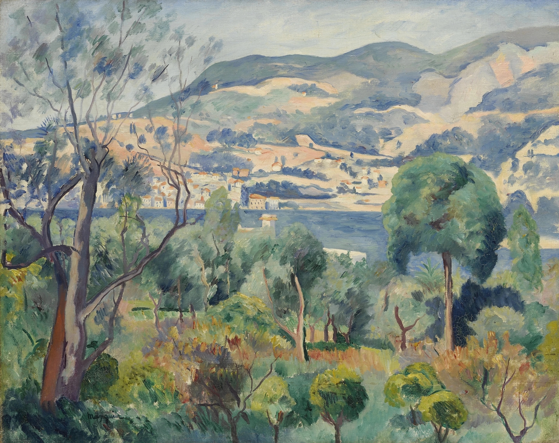 Coastal scene with Mediterranean Sea at sunset by Henri Manguin, oil painting