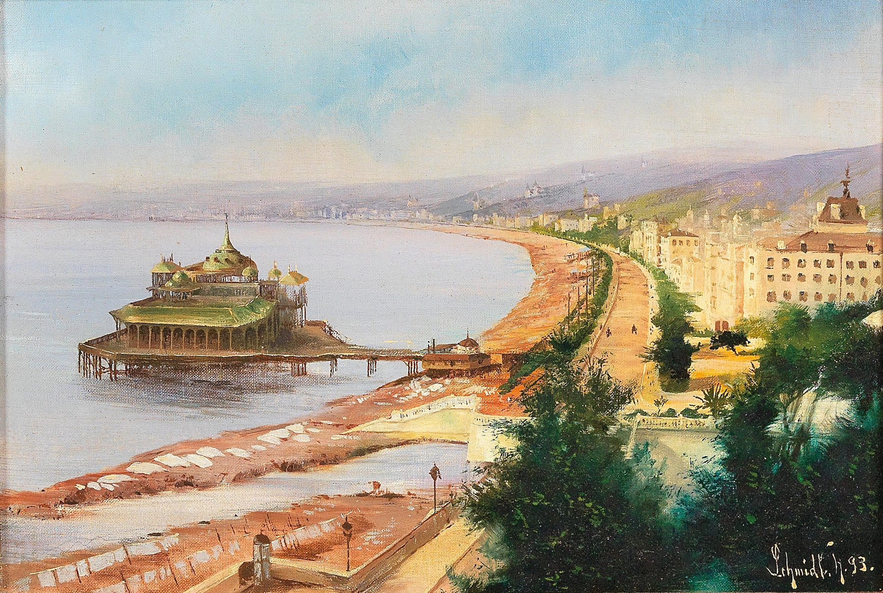 Landscape oil painting by Hermann Schmidt depicting the Promenade Des Anglais and Mediterranean.