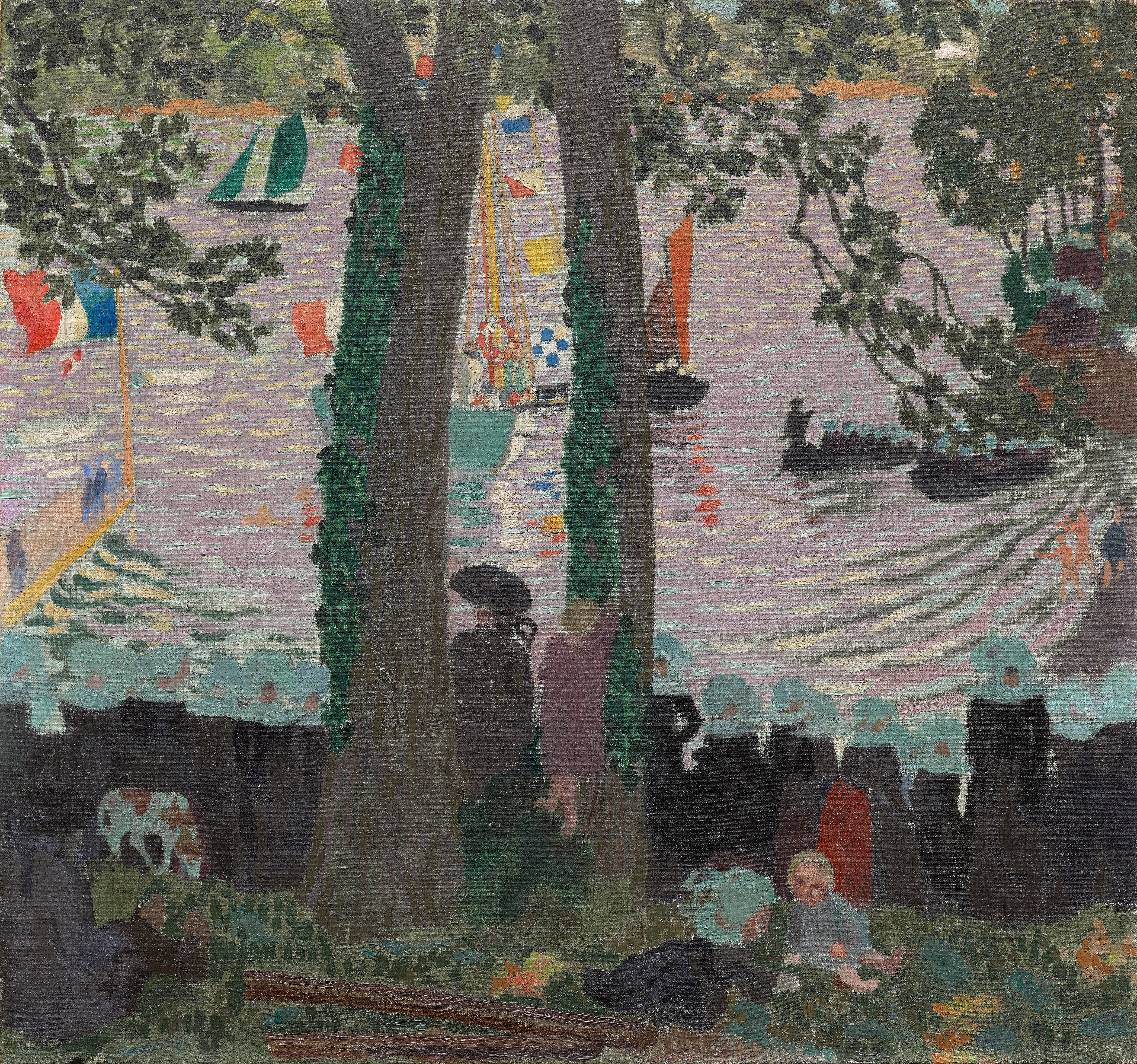 Blessing of a Yacht on the Belon River, oil on canvas by Maurice Denis, featuring figures around a yacht.