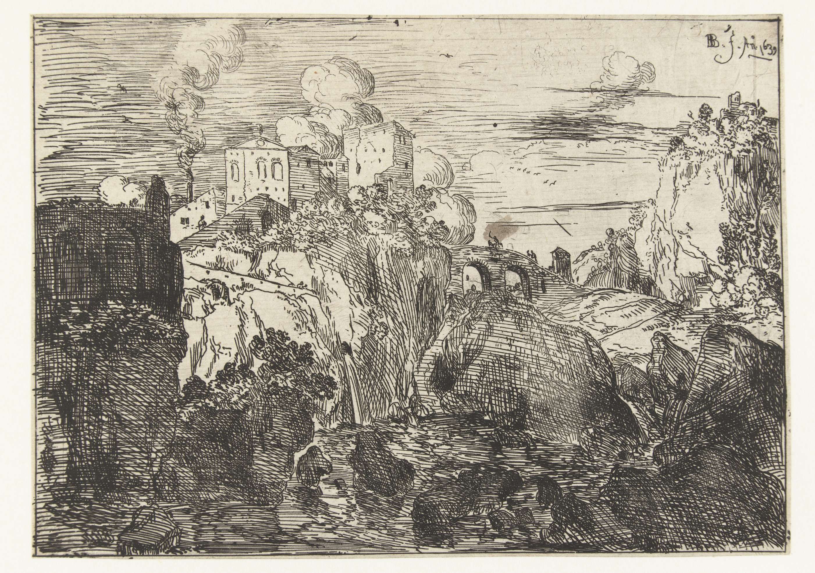 Etching by Bartholomeus Breenbergh depicting a serene landscape with a bridge and buildings