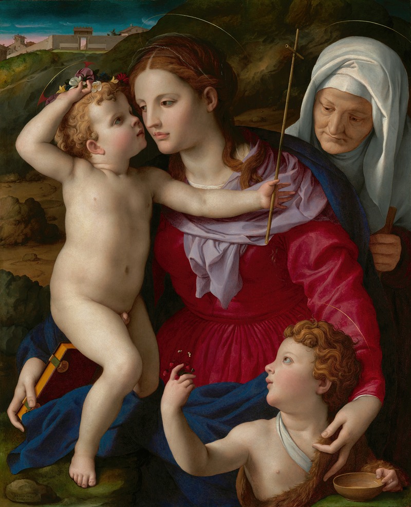 Agnolo Bronzino's painting depicts the Virgin Mary with the Child, Saint Elizabeth, and Saint John the Baptist.